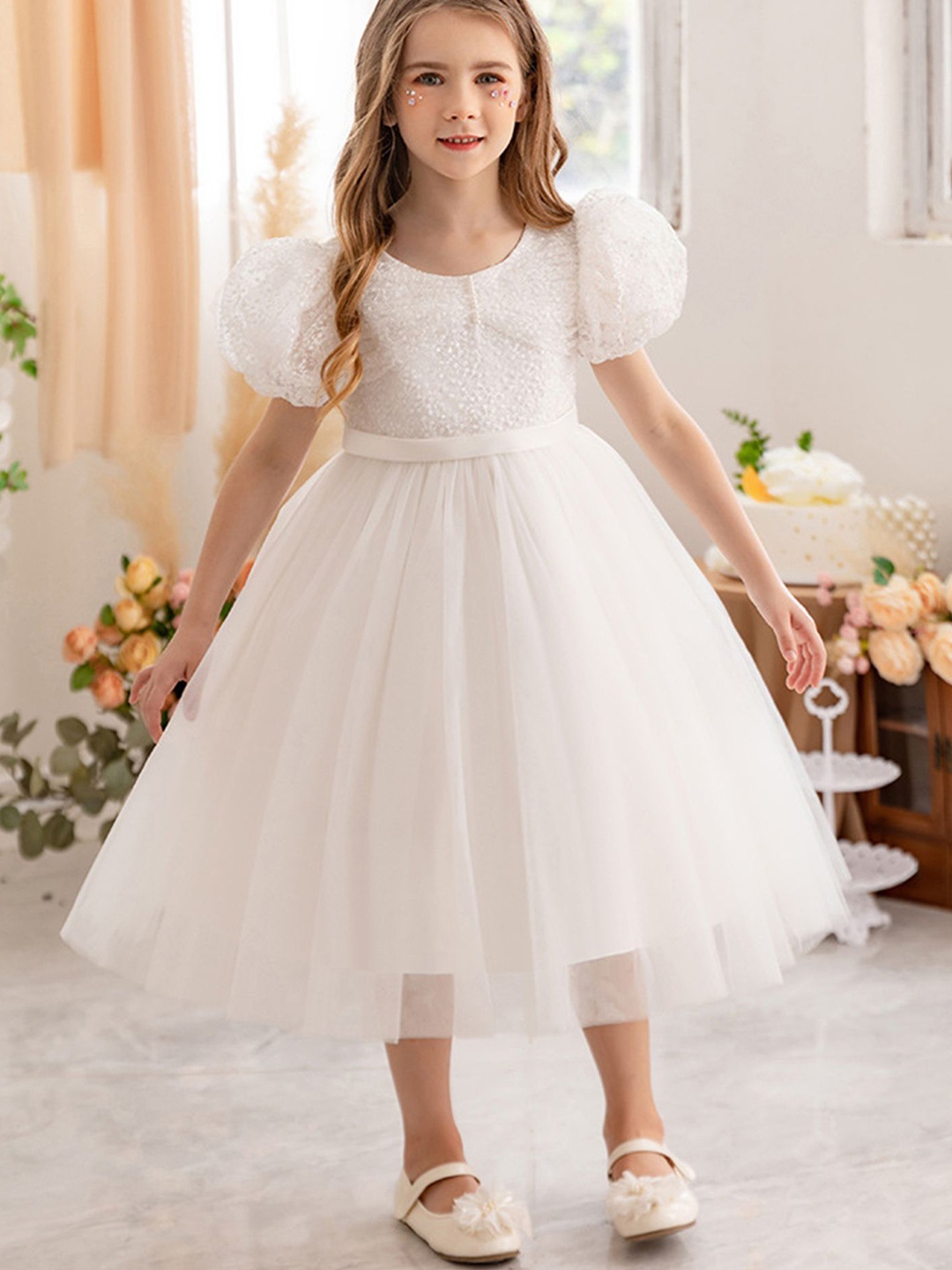 

LULU & SKY Girls Self Design Fit & Flare Dress, White