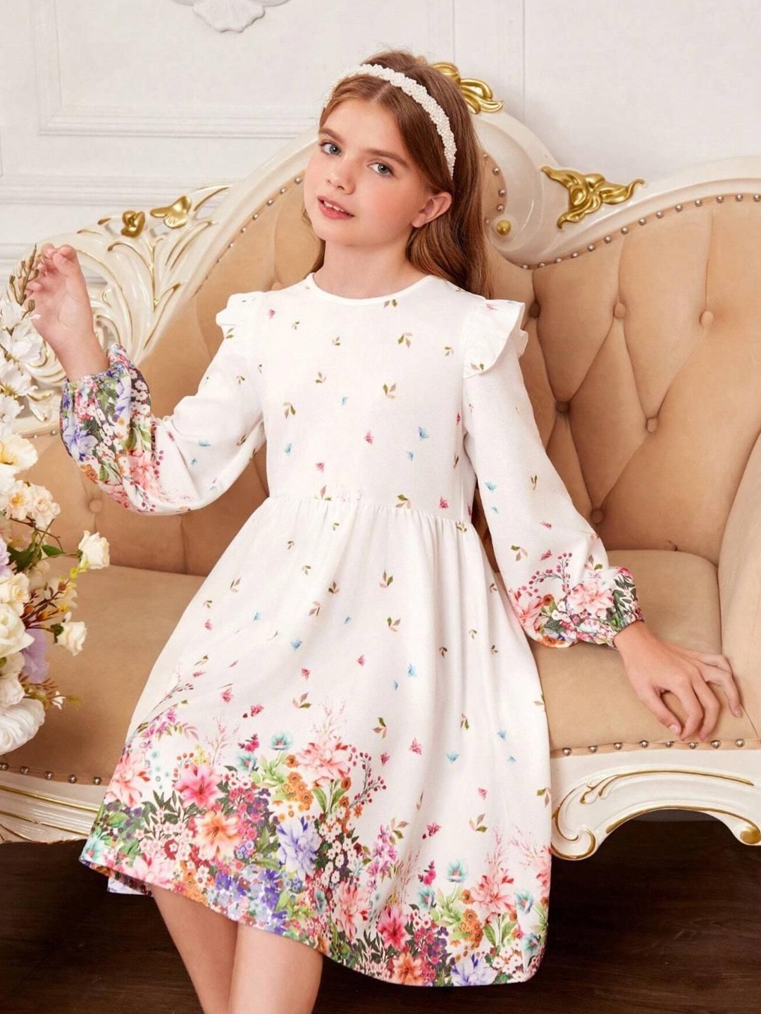 

Miss & Chief Girls Floral Printed Cotton Fit & Flare Dress, White