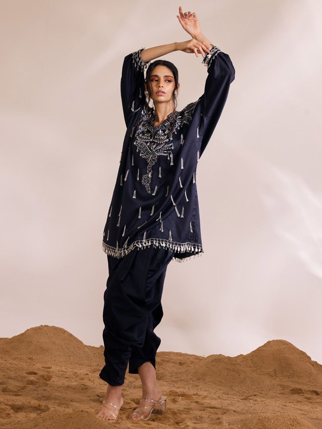 

DIVYA AGGARWAL Women Ethnic Motifs Embroidered Regular Beads and Stones Chanderi Silk Kurti with Dhoti Pants, Navy blue