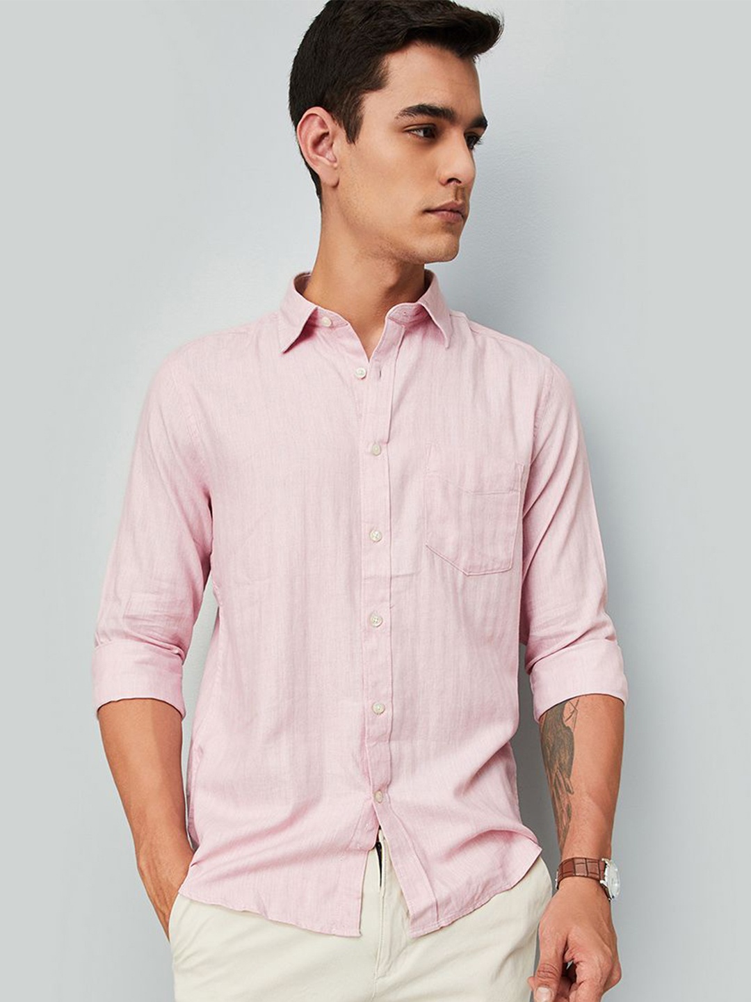 

max Men Opaque Striped Casual Shirt, Pink