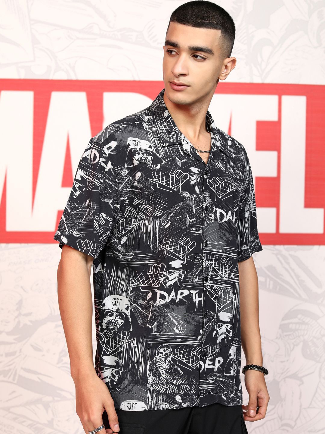

HIGHLANDER Marvel Men Ironman Holiday Cuban Collar Viscose Relaxed Shirt, Black