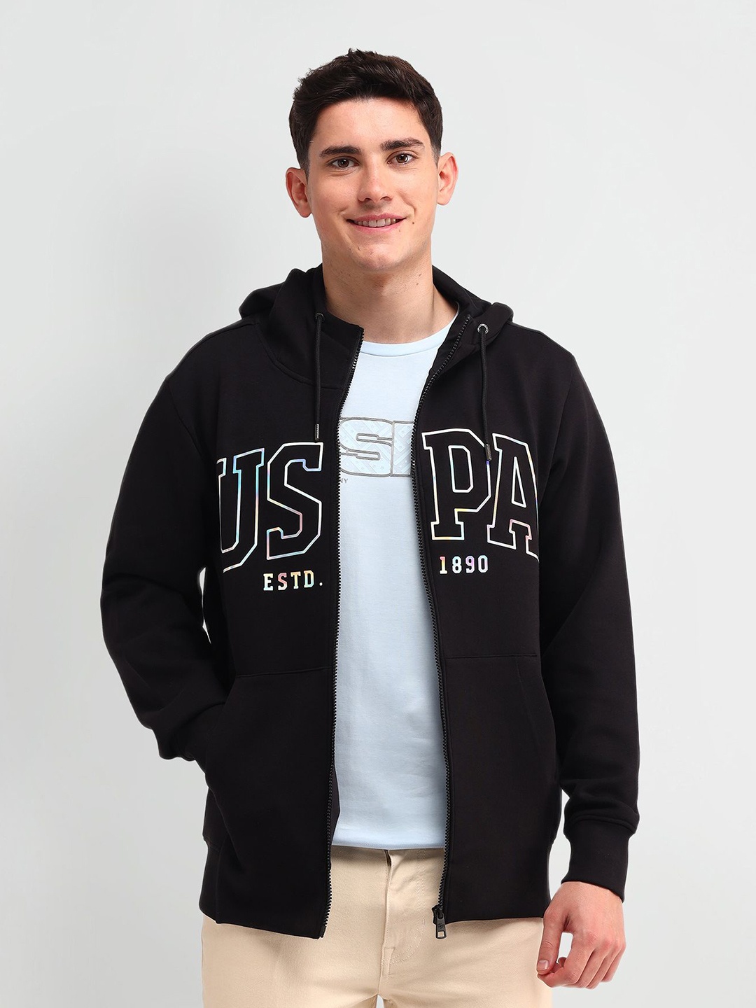 

U.S. Polo Assn. Denim Co. Men Printed Cotton Hooded Front-Open Sweatshirt, Black