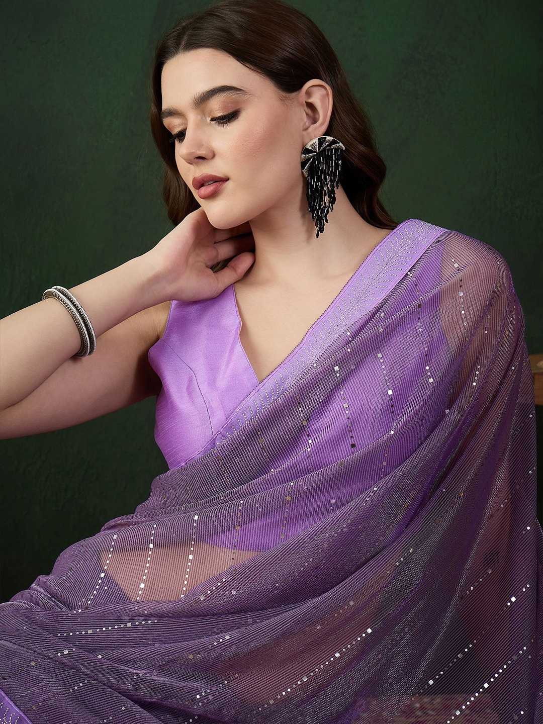 

Sangria Mysore Silk Embellished Saree With Blouse Piece, Lavender