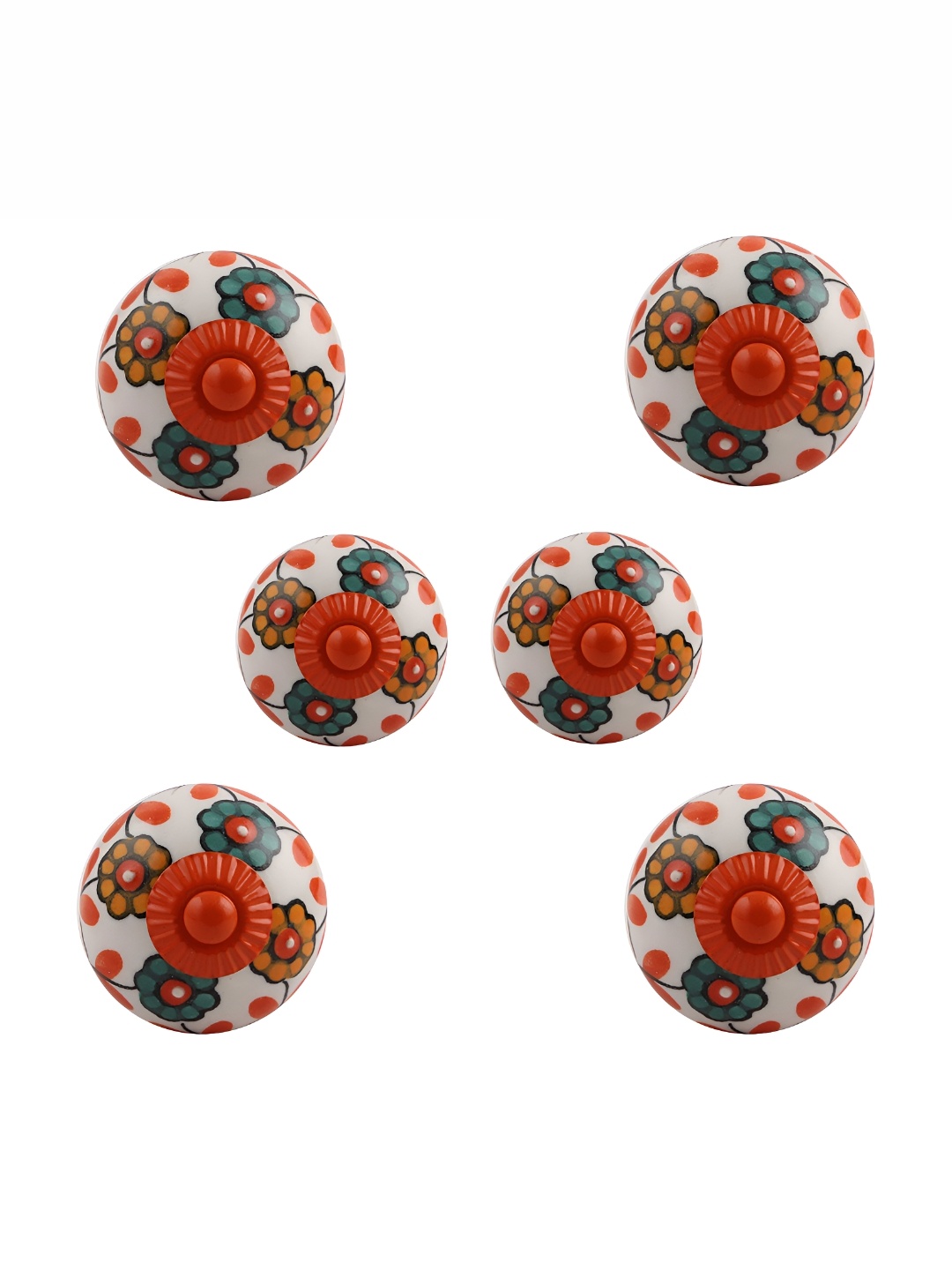

Indianshelf Set Of 6 White & Red Printed Ceramic Knobs