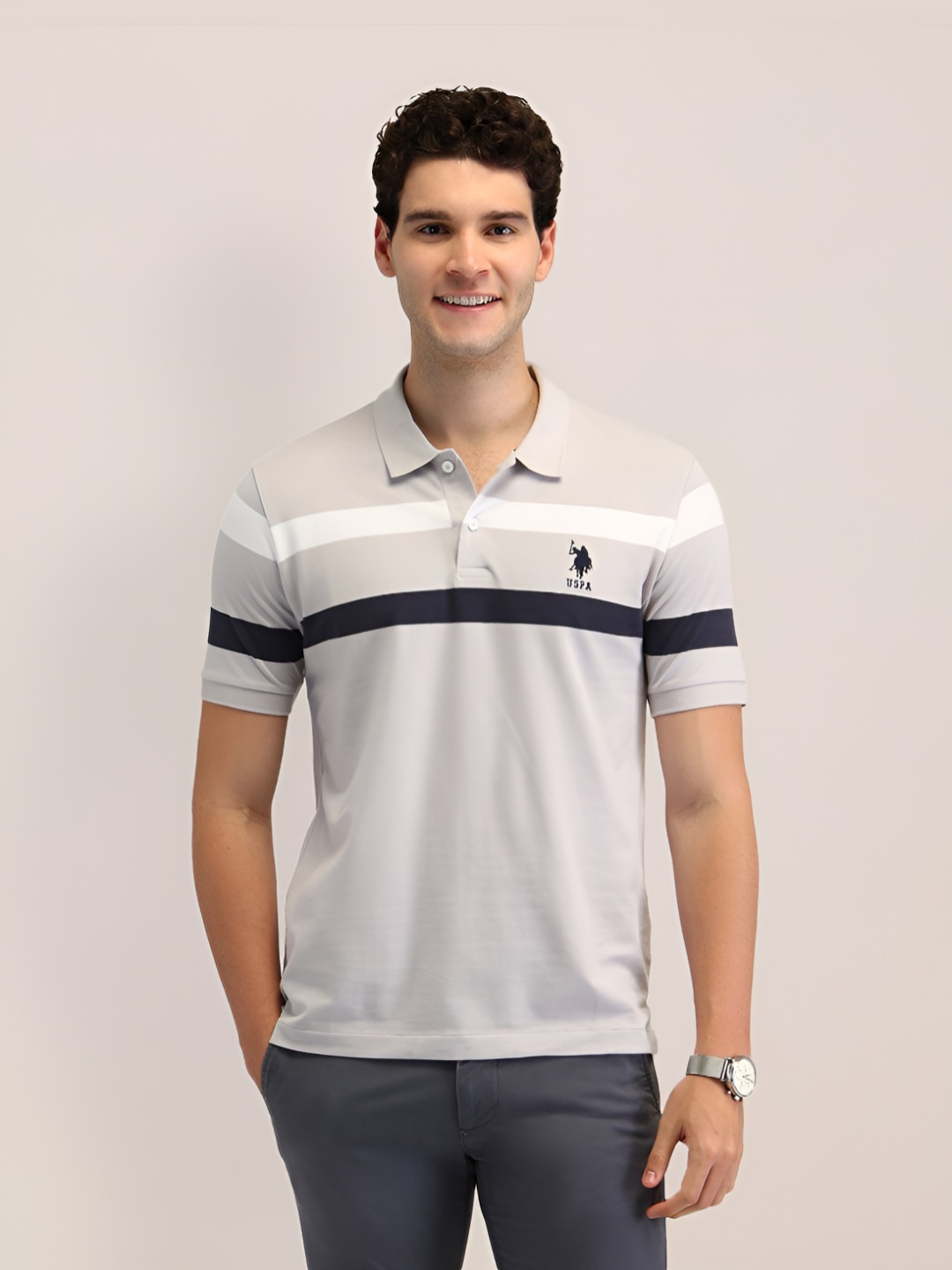 

U.S. Polo Assn. Men Brand Logo Striped Polo Collar Slim Fit T-shirt, Grey