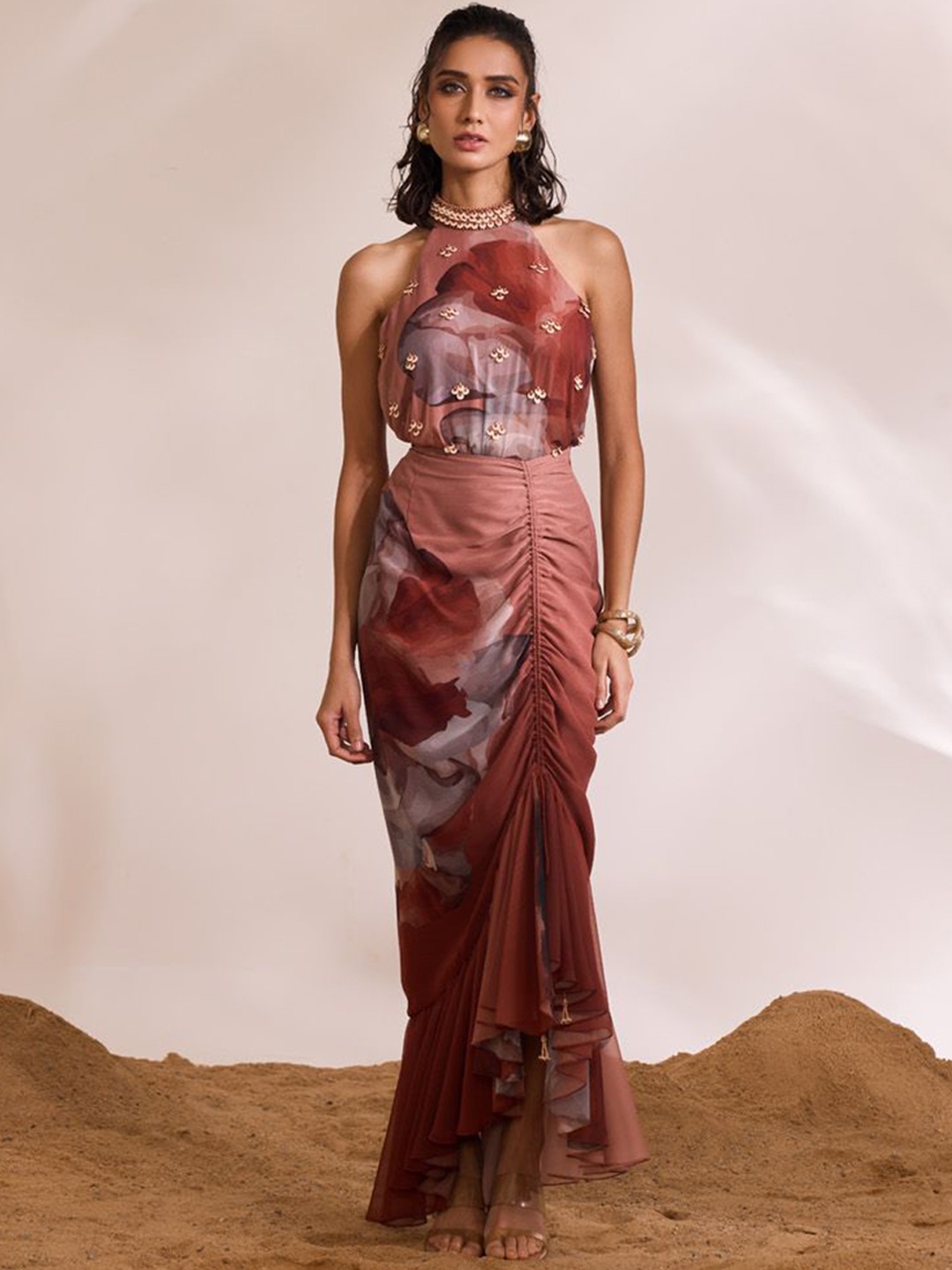 

DIVYA AGGARWAL Embellished Halter Neck Sleeveless Top With Skirt, Rust