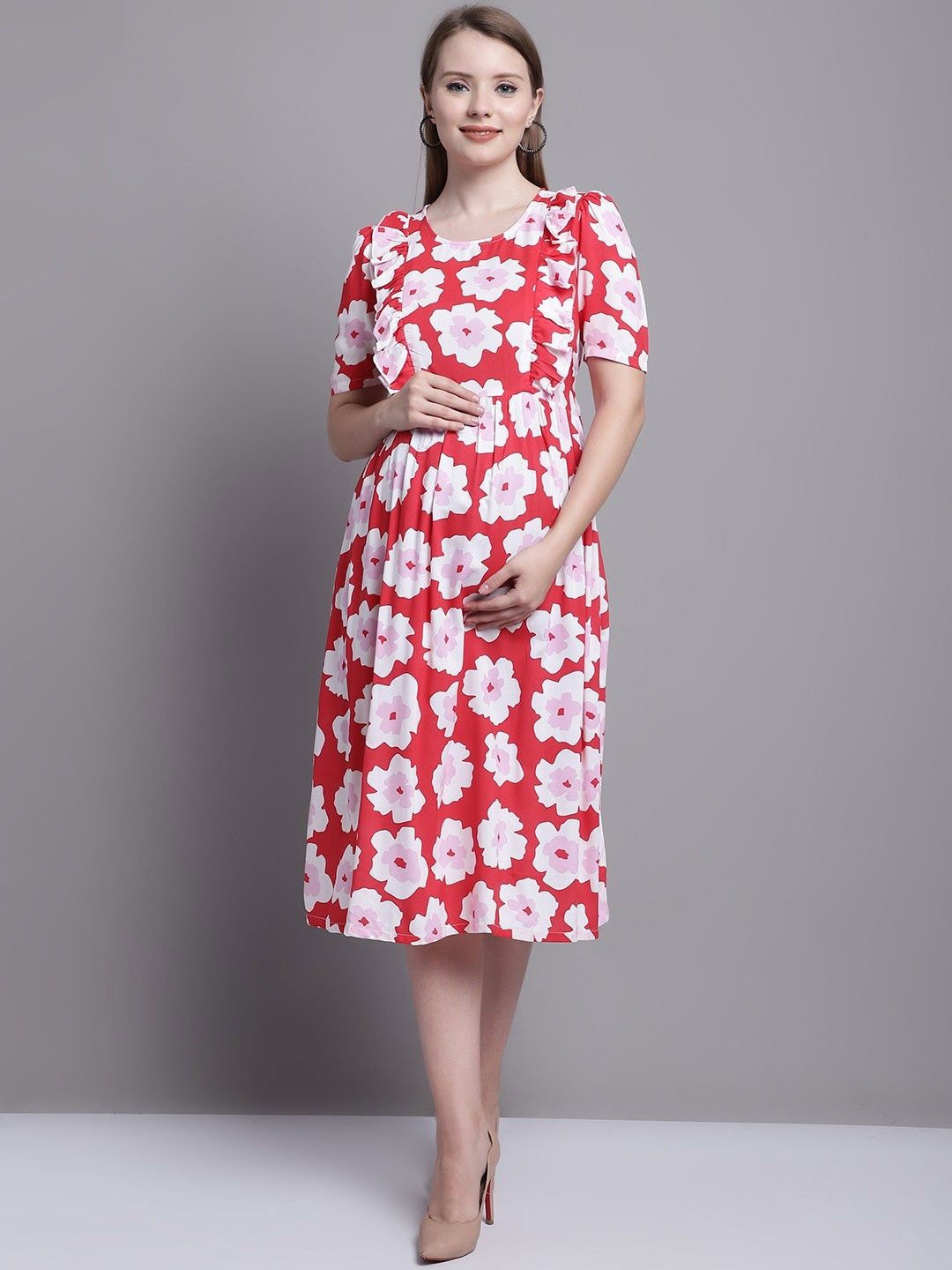 

BAESD Floral Printed Puff Sleeve Maternity Fit & Flare Midi Dress, Red