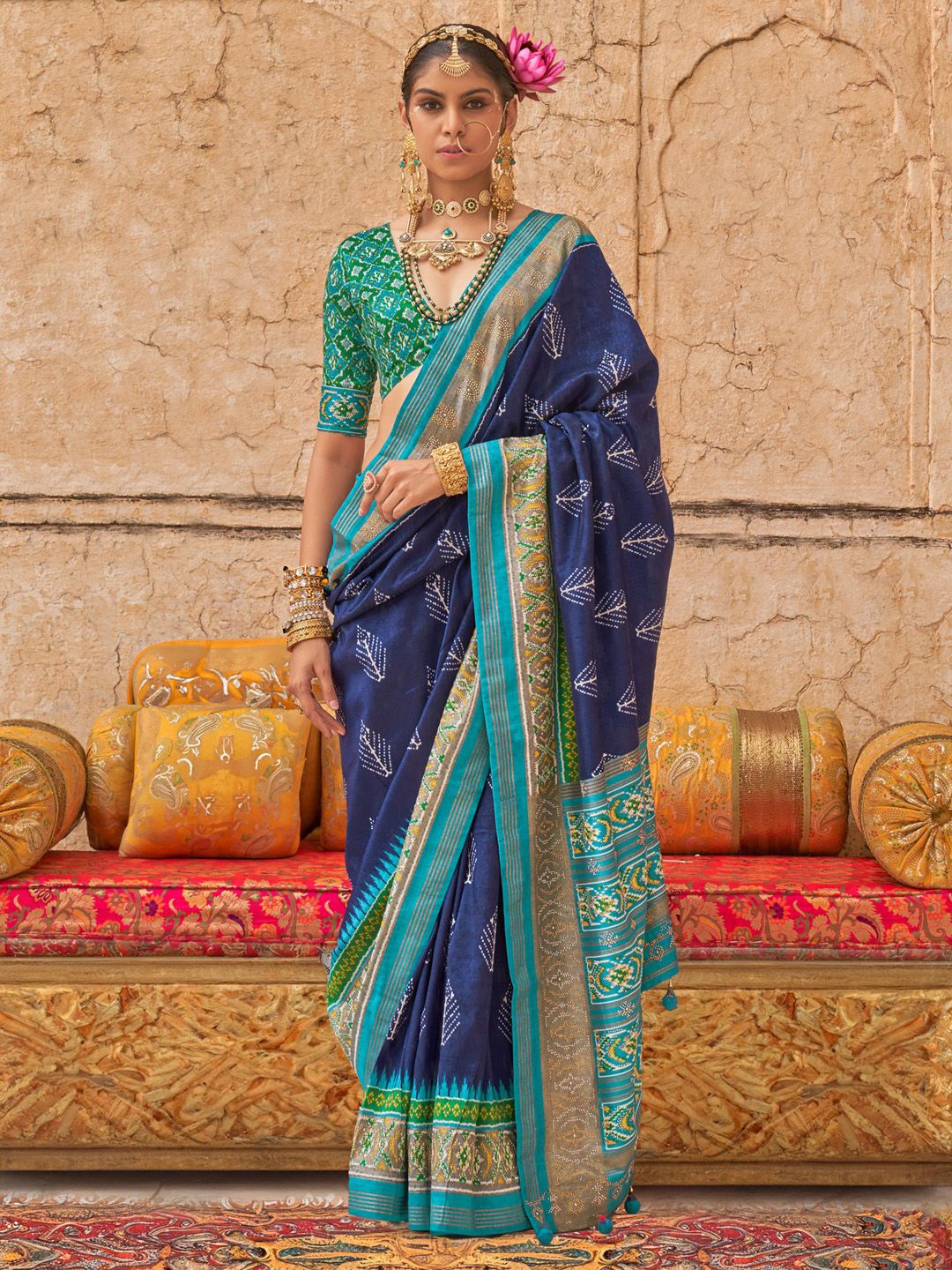 

Anouk Ethnic Motifs Silk Blend Patola Saree, Navy blue