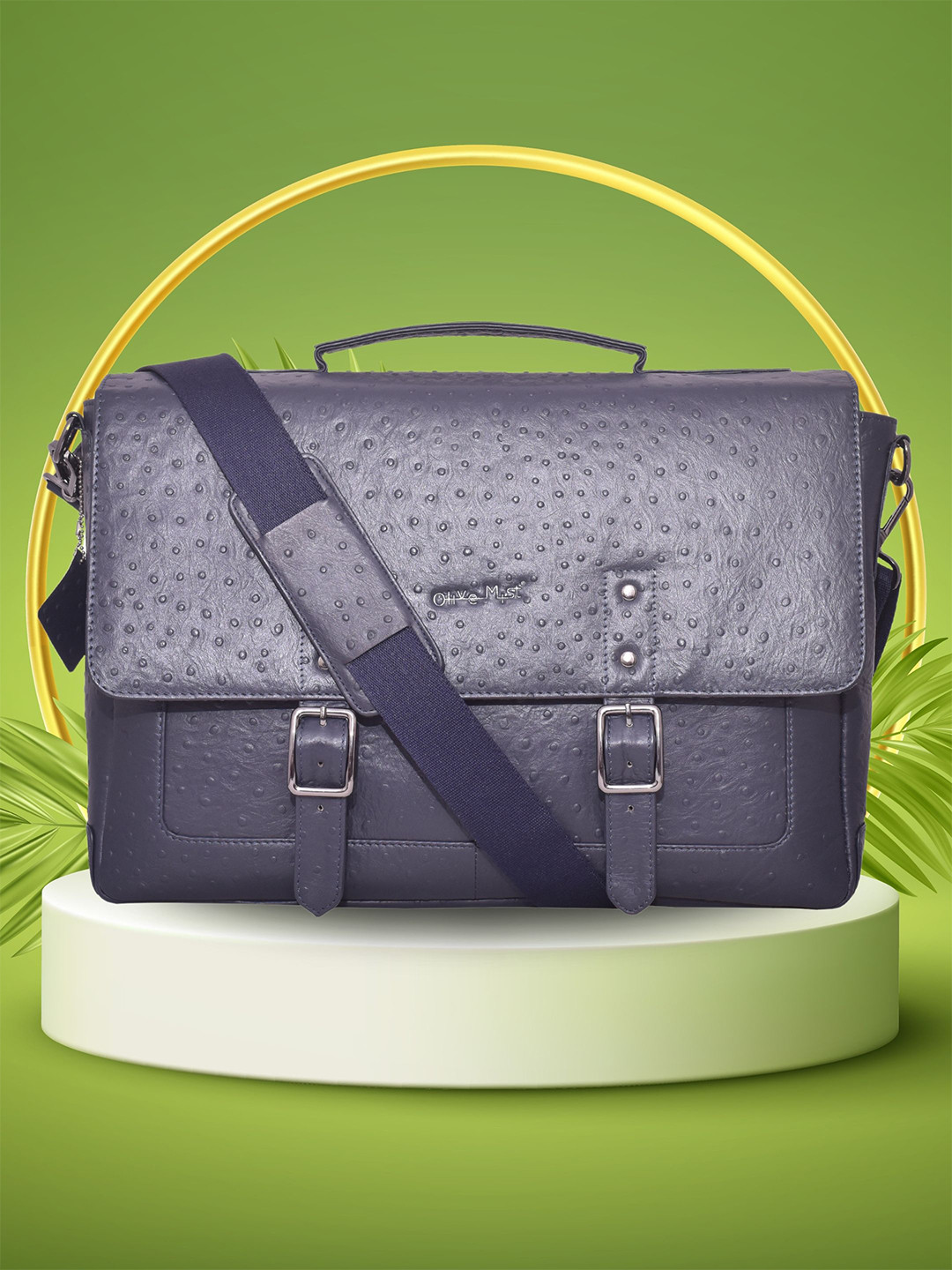 

OLIVE MIST Textured Leather Laptop Bag, Blue