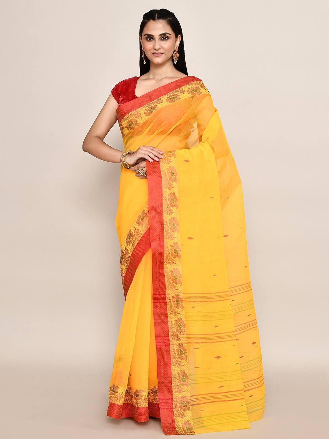 

PUKU Floral Printed Pure Cotton Taant Saree, Yellow