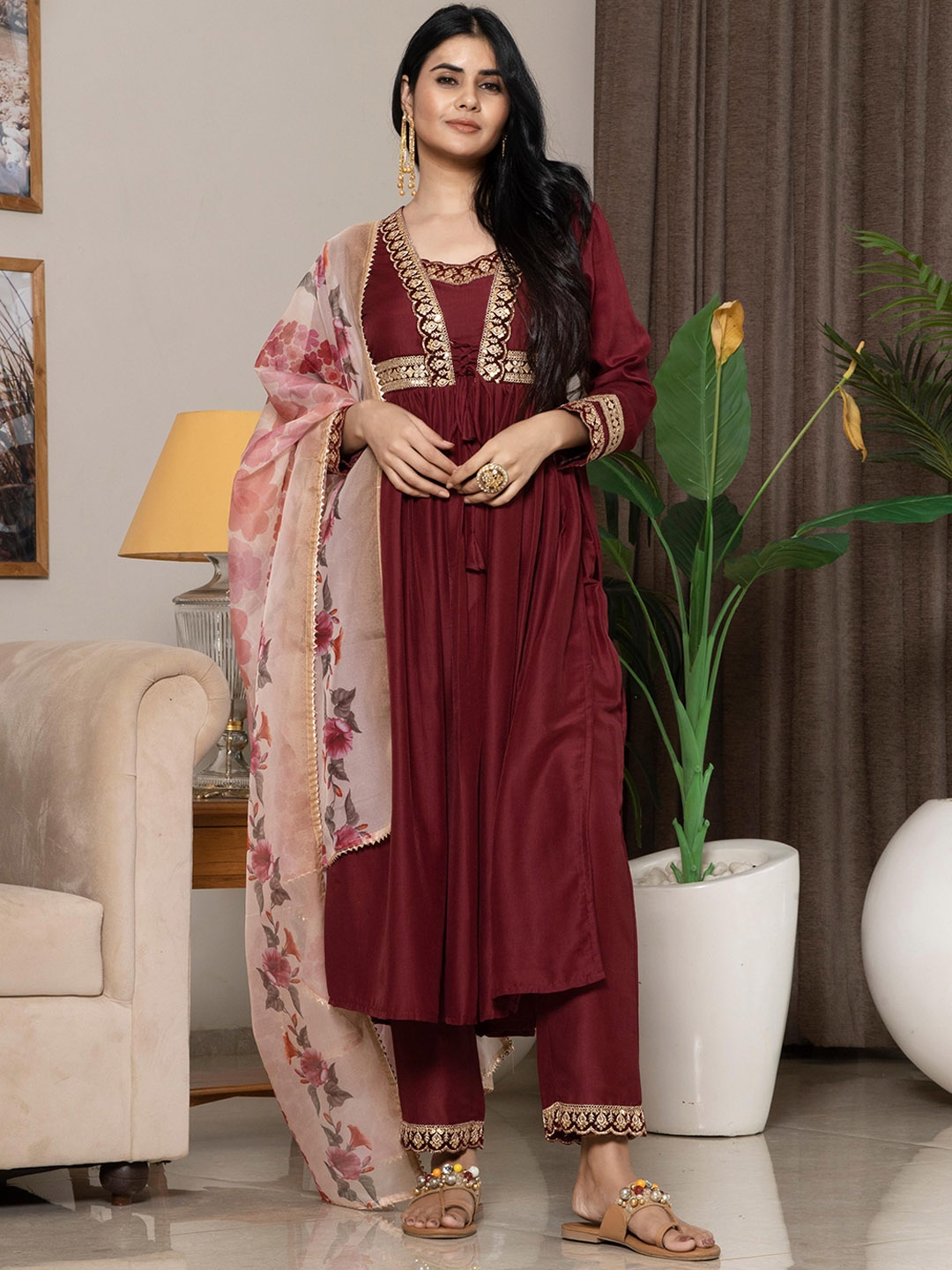 

Laxis Embroidered Sequinned Kurta with Trousers & With Dupatta, Maroon