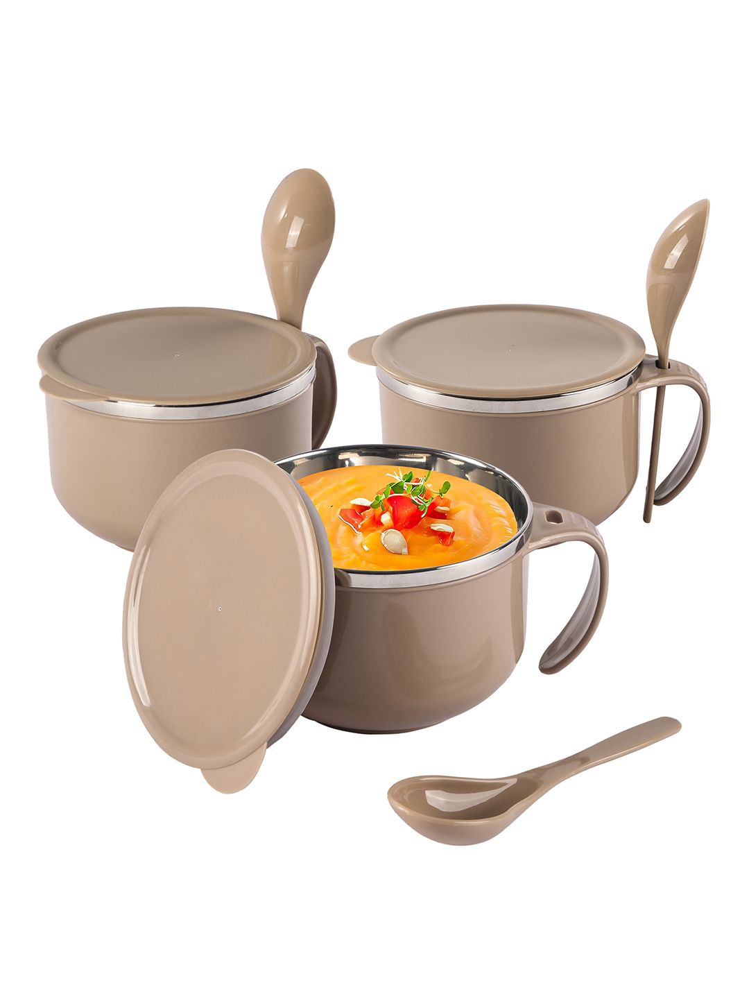 

Kuber Industries Brown 3 Pieces Stainless Steel Soup Bowl With Spoon & Holder-600 ml Each