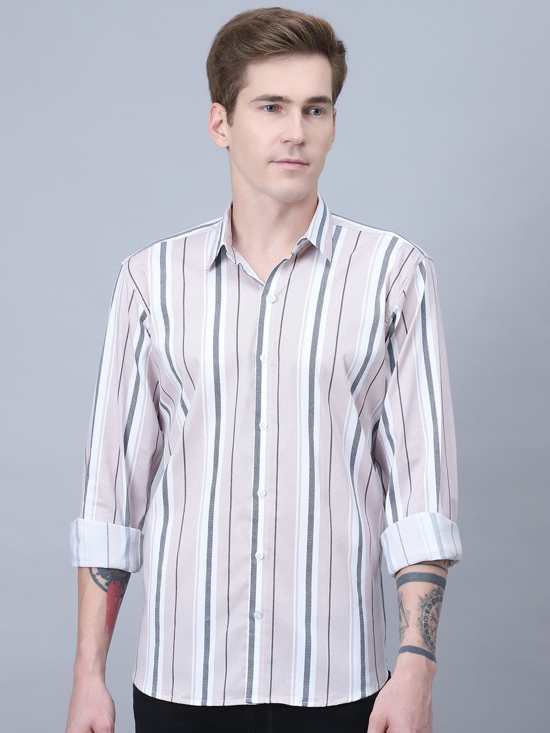 

Tanip Men Sheer Striped Casual Shirt, Pink