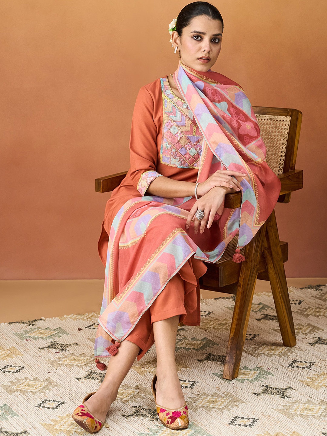 

HRITIKA Women Ethnic Motifs Embroidered Regular Sequinned Kurta with Trousers & With Dupatta, Coral