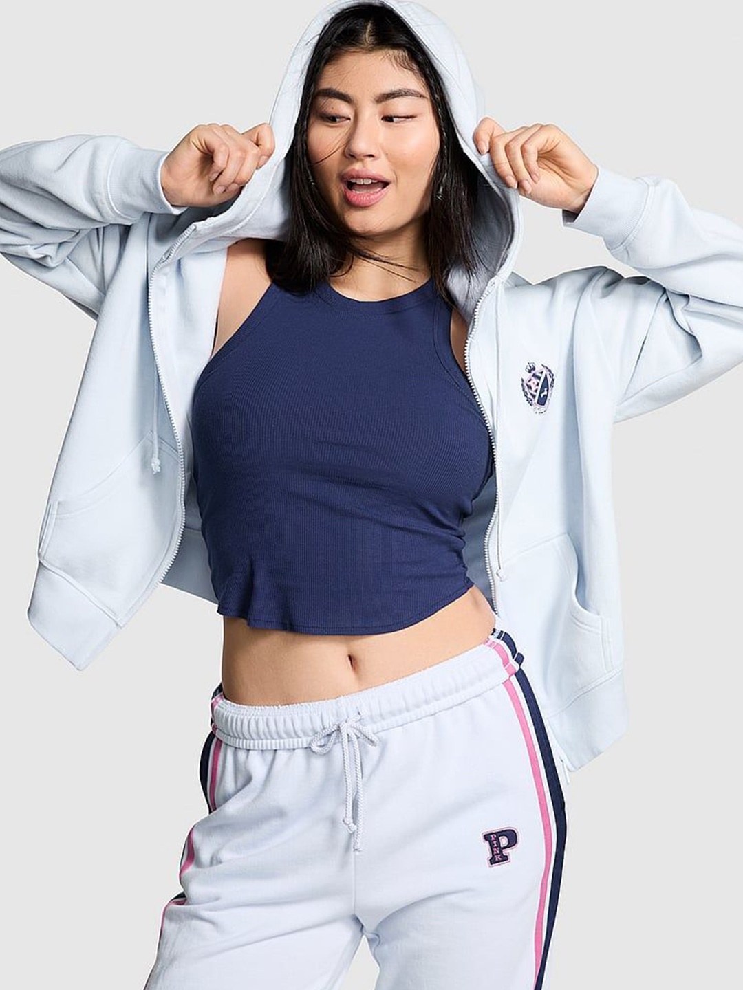 

Victoria's Secret Women Front-Open Full-Zip Hoodie Cotton Crop Sweatshirt, Blue