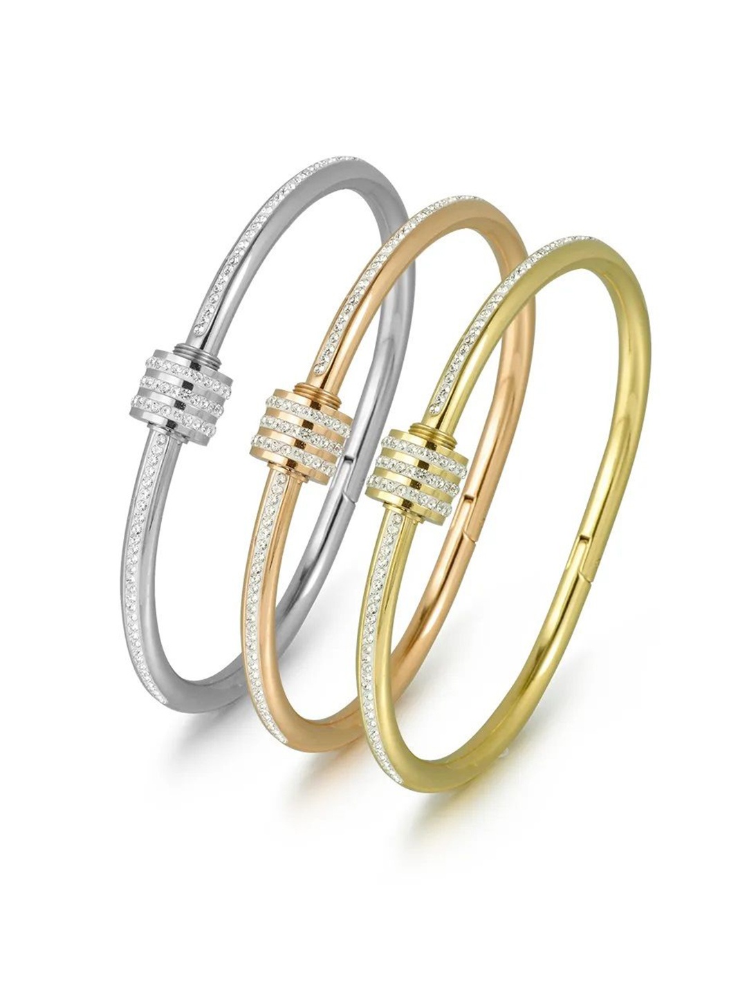 

DIVASTRI Set Of 3 Stainless Steel Gold-Plated American Diamond Studded Kada Bracelet