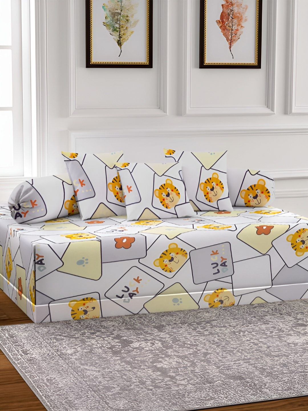 

Arrabi 6-Pcs White & Yellow Printed Diwan Set