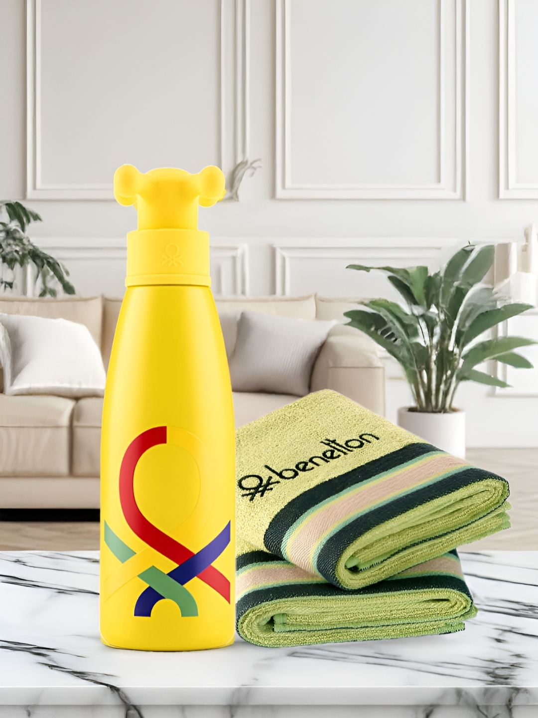 

United Colors of Benetton Set Of 3 Yellow & Green Towel With Bottle Home Gift Sets