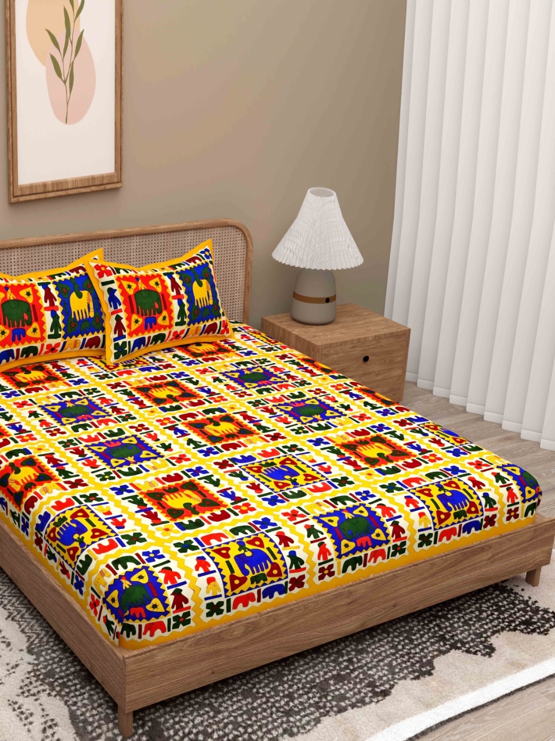 

Lali Prints Yellow Ethnic Motifs 180 TC Queen Bedsheet with 2 Pillow Covers