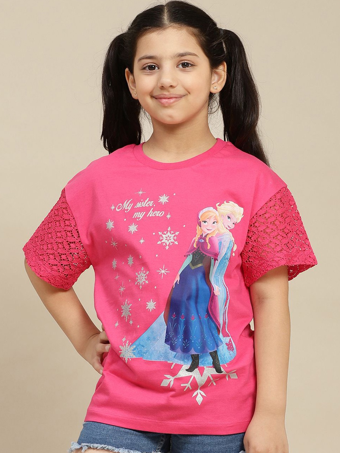 

Kids Ville Girls Frozen Printed Pure Cotton Tshirt, Pink