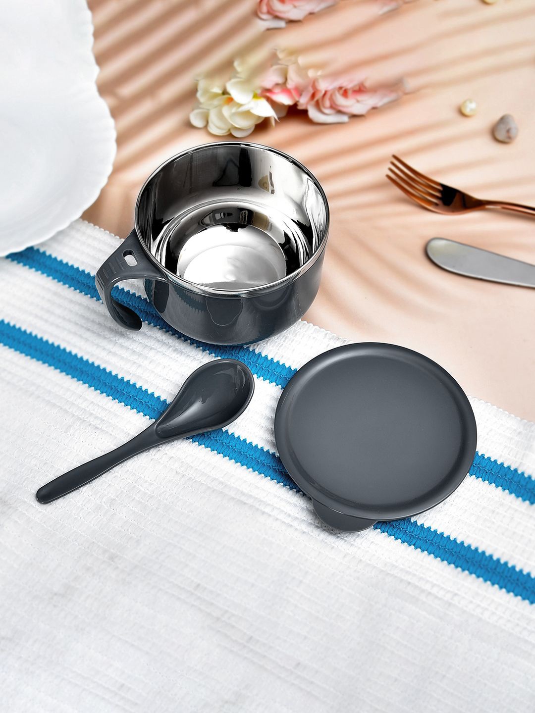 

Kuber Industries Grey 6 Pieces Stainless Steel Soup Bowls With Spoons