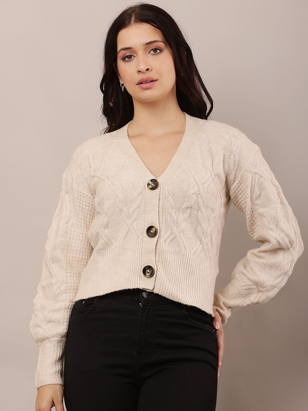 

NoBarr Women Cable Knit Self Design Cardigan, Beige