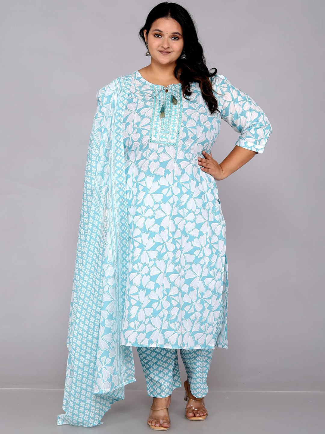 

KALINI Tie-Up Neck Floral Printed Mirror Work Pure Cotton Kurta with Trouser & Dupatta, Blue
