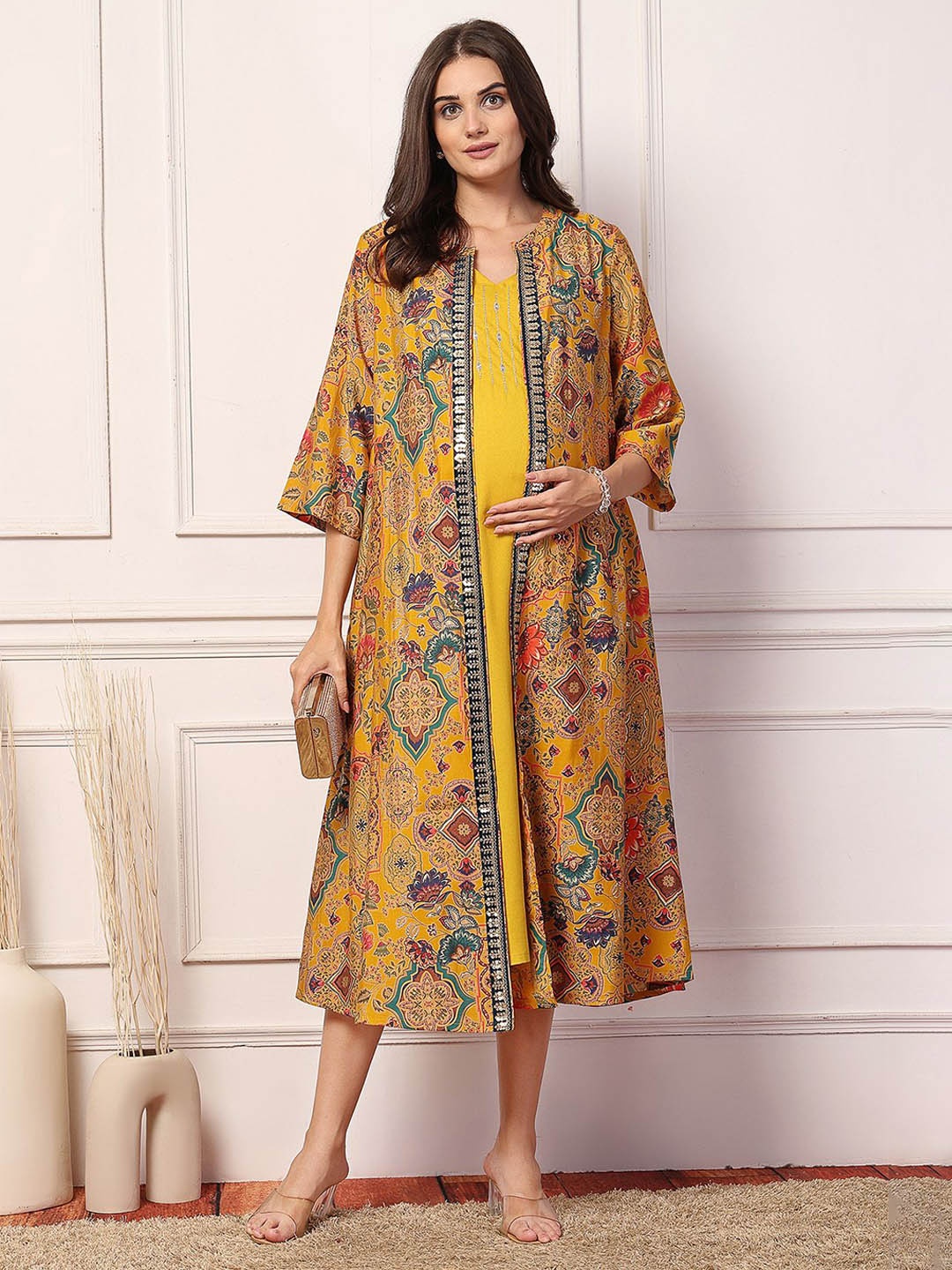 

House Of Zelena Ethnic Motifs Printed Maternity A-Line Maternity Ethnic Dress With Shrug, Mustard
