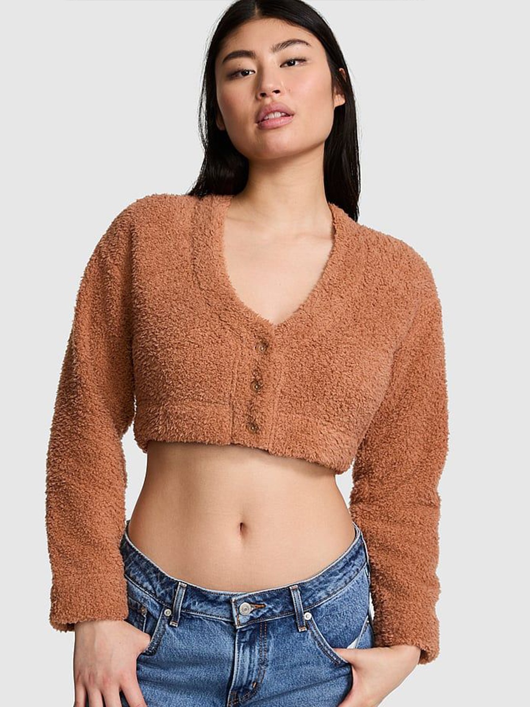 

Victoria's Secret Women Self Design Crop Cardigan, Brown