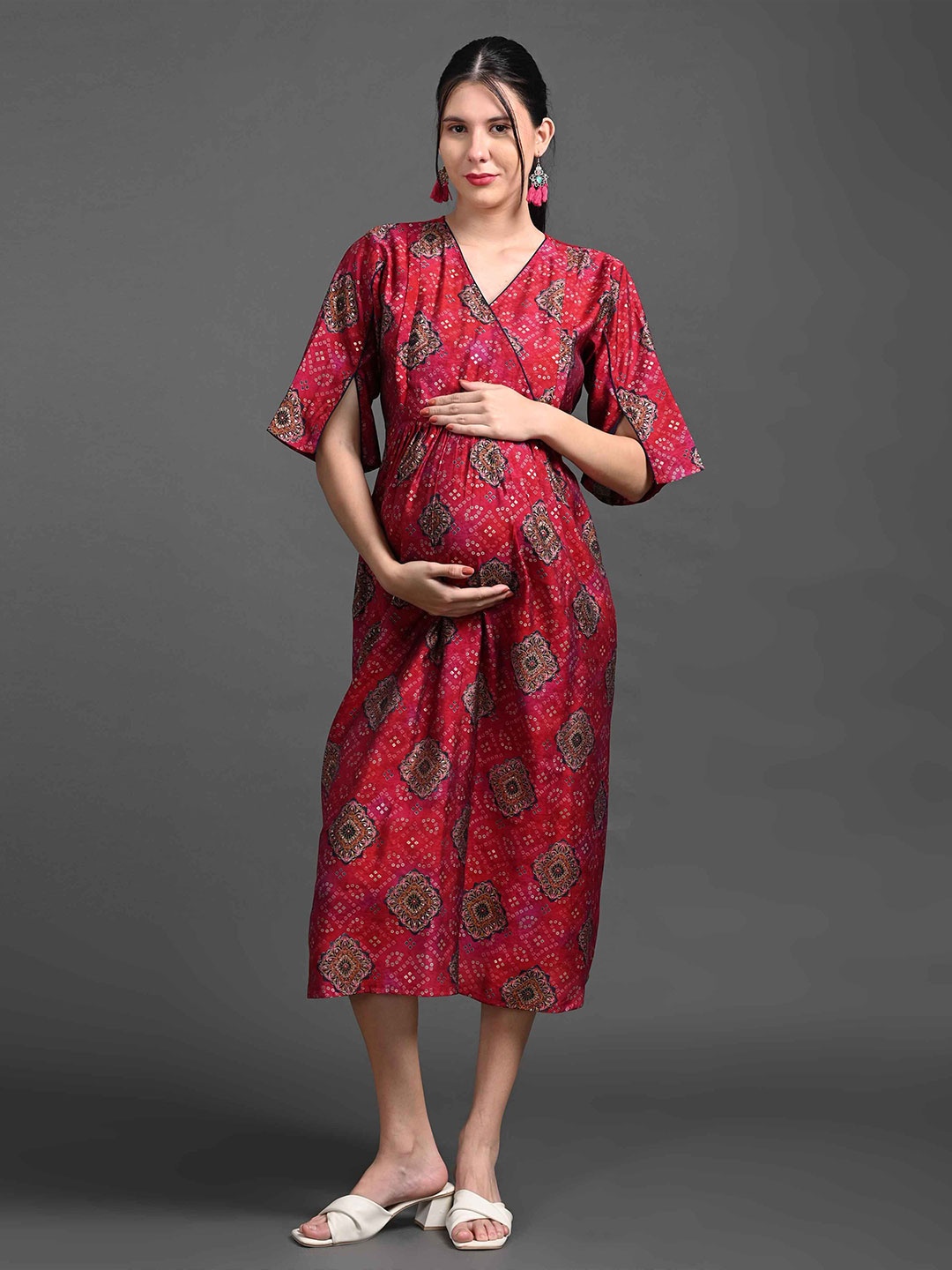 

GOLDSTROMS Ethnic Motifs Print Flared Sleeve Midi Dress, Fuchsia