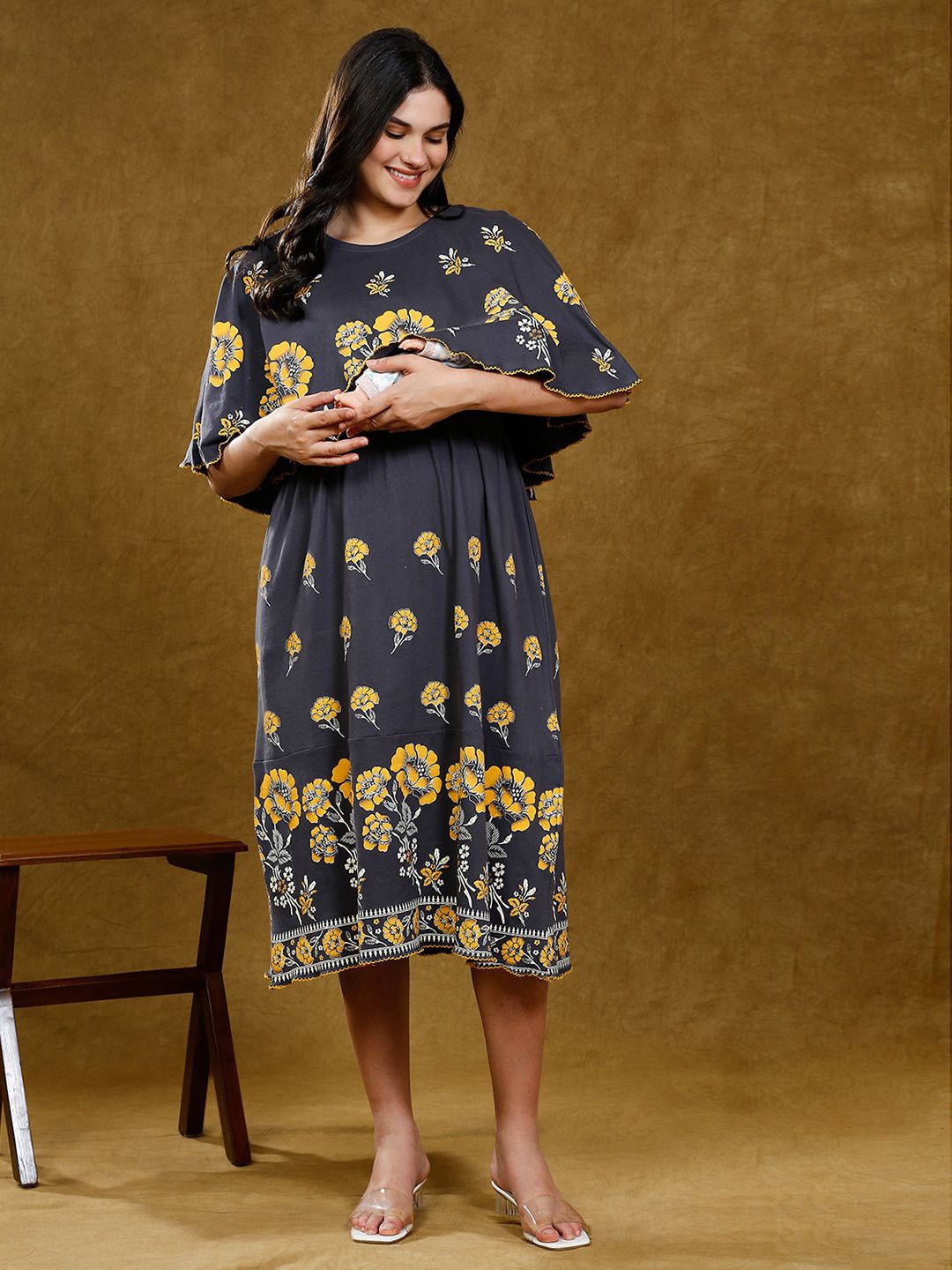 

True Shape Print Layered Maternity Midi Dress, Grey