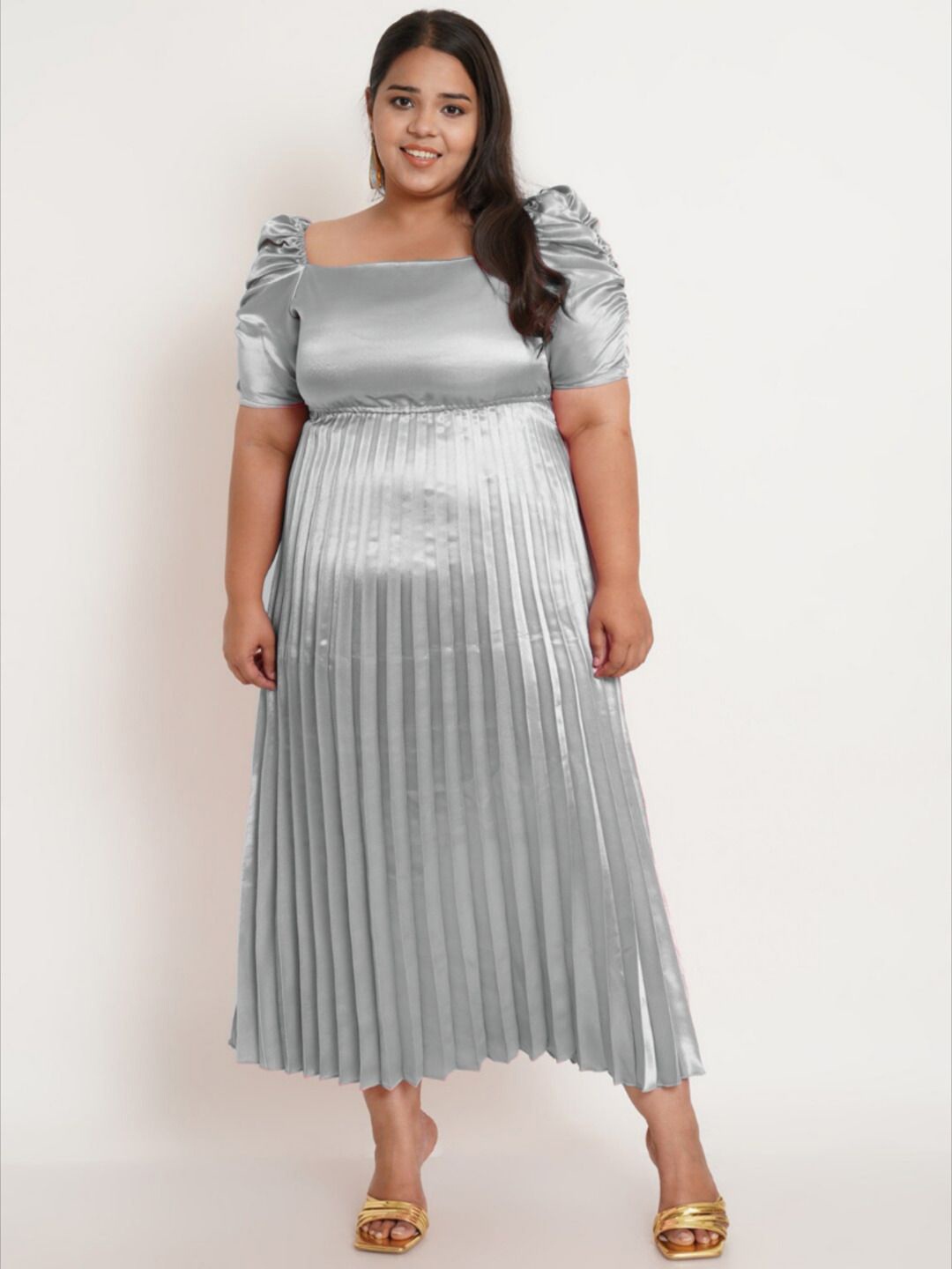 

U&F Puff Sleeve Satin Fit & Flare Maxi Dress, Grey