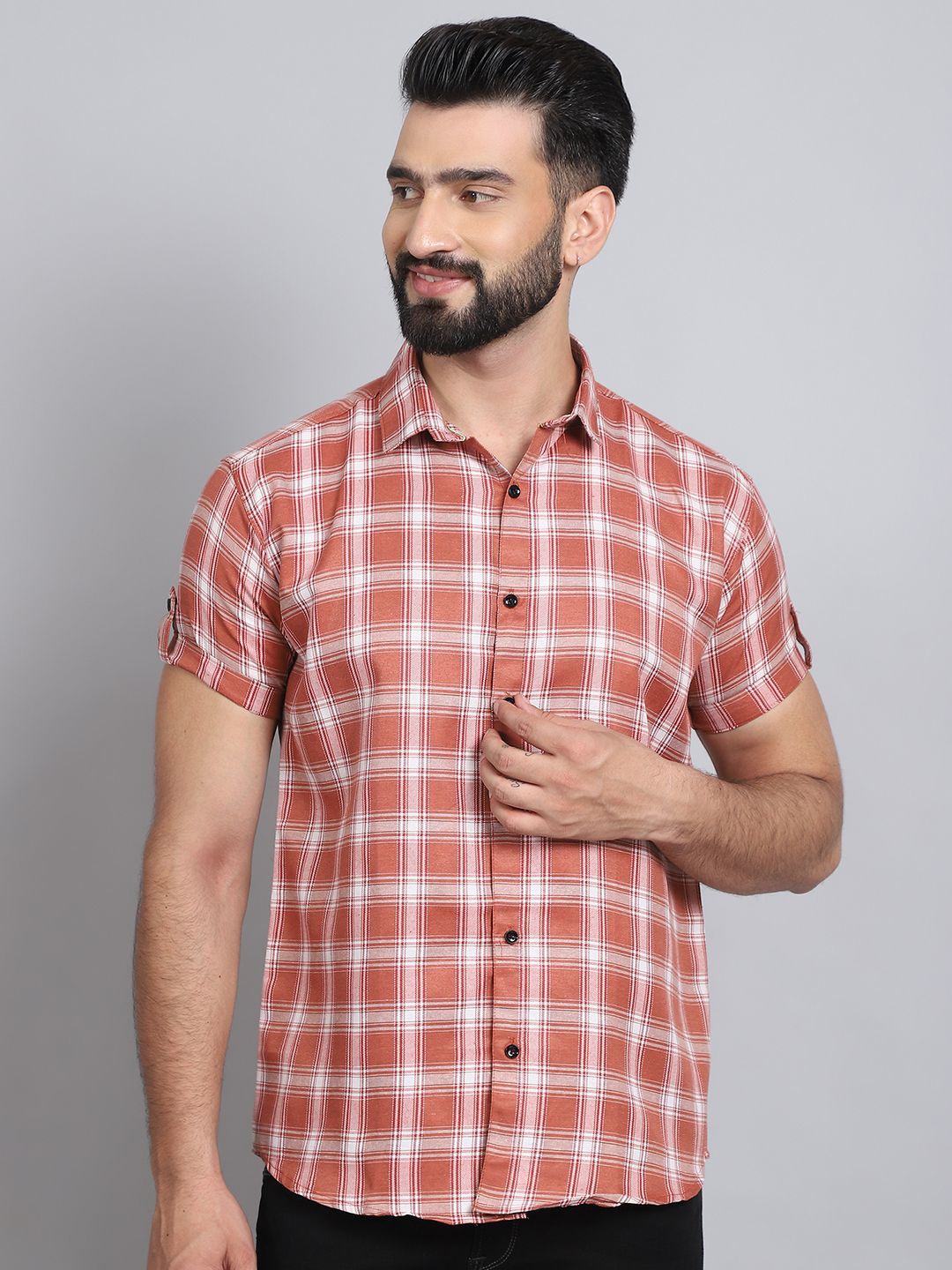 

Tanip Men Sheer Checked Casual Shirt, Orange