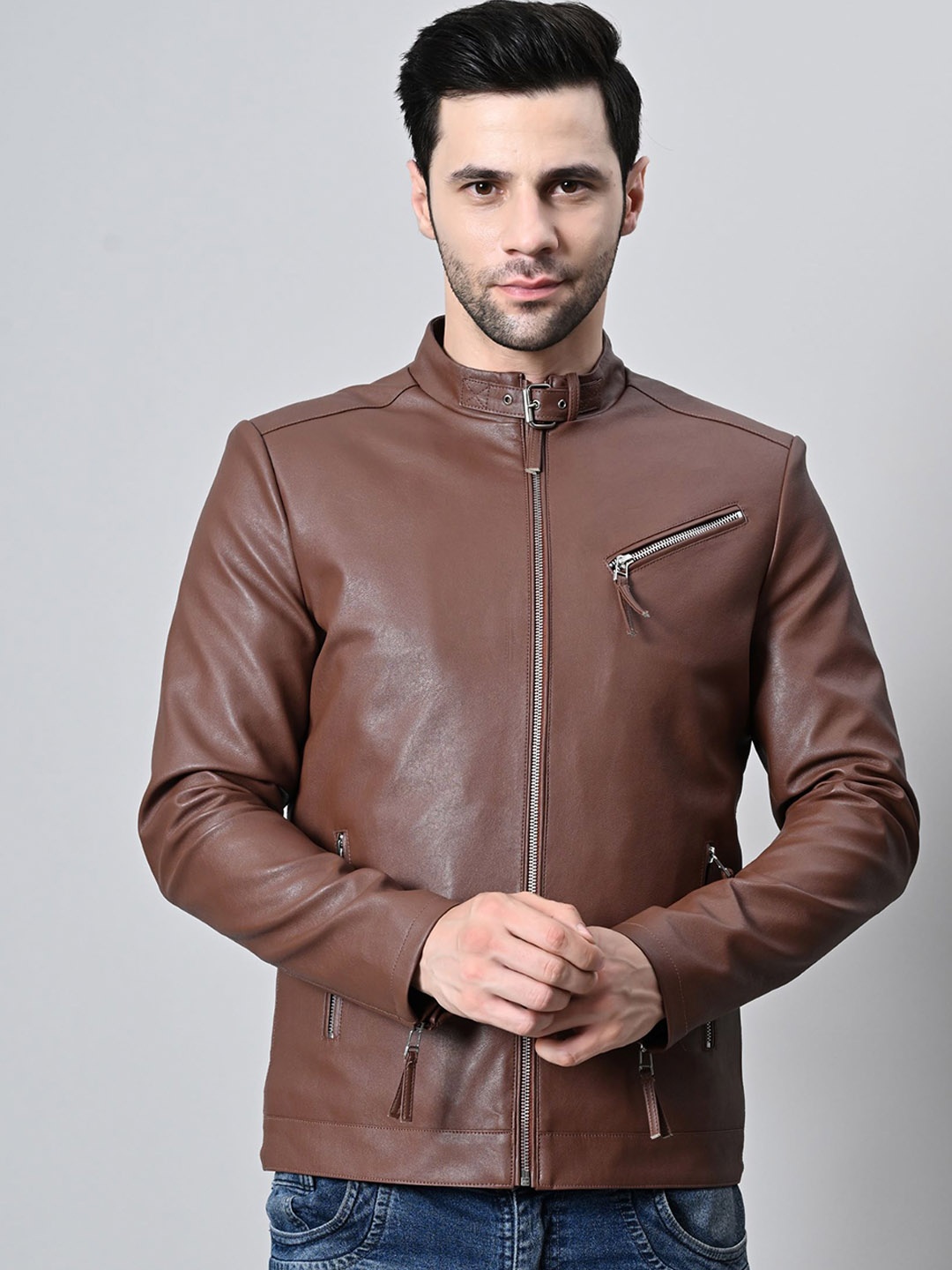 

TBOJ Men Leather Lightweight Biker Jacket, Tan