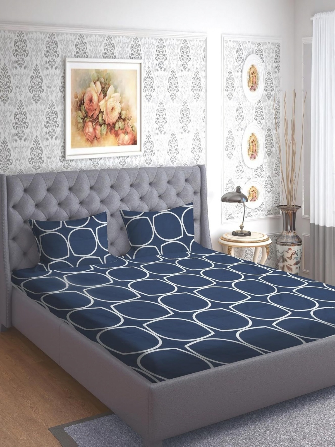 

Aura Blue & White Geometric 144 TC Queen Bedsheet with 2 Pillow Covers