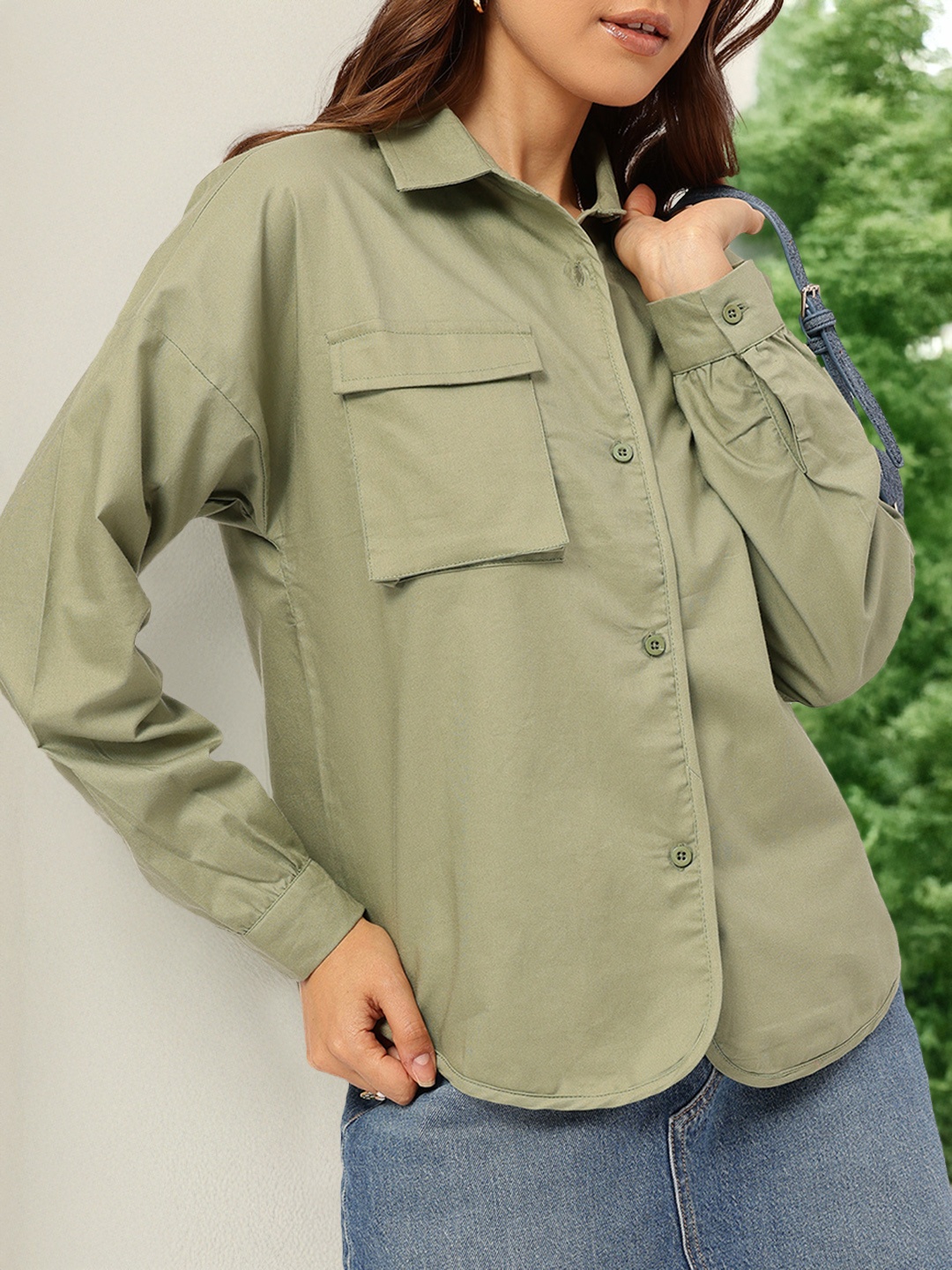 

DressBerry Army Chic Chest Pocket Detail Shirt, Olive