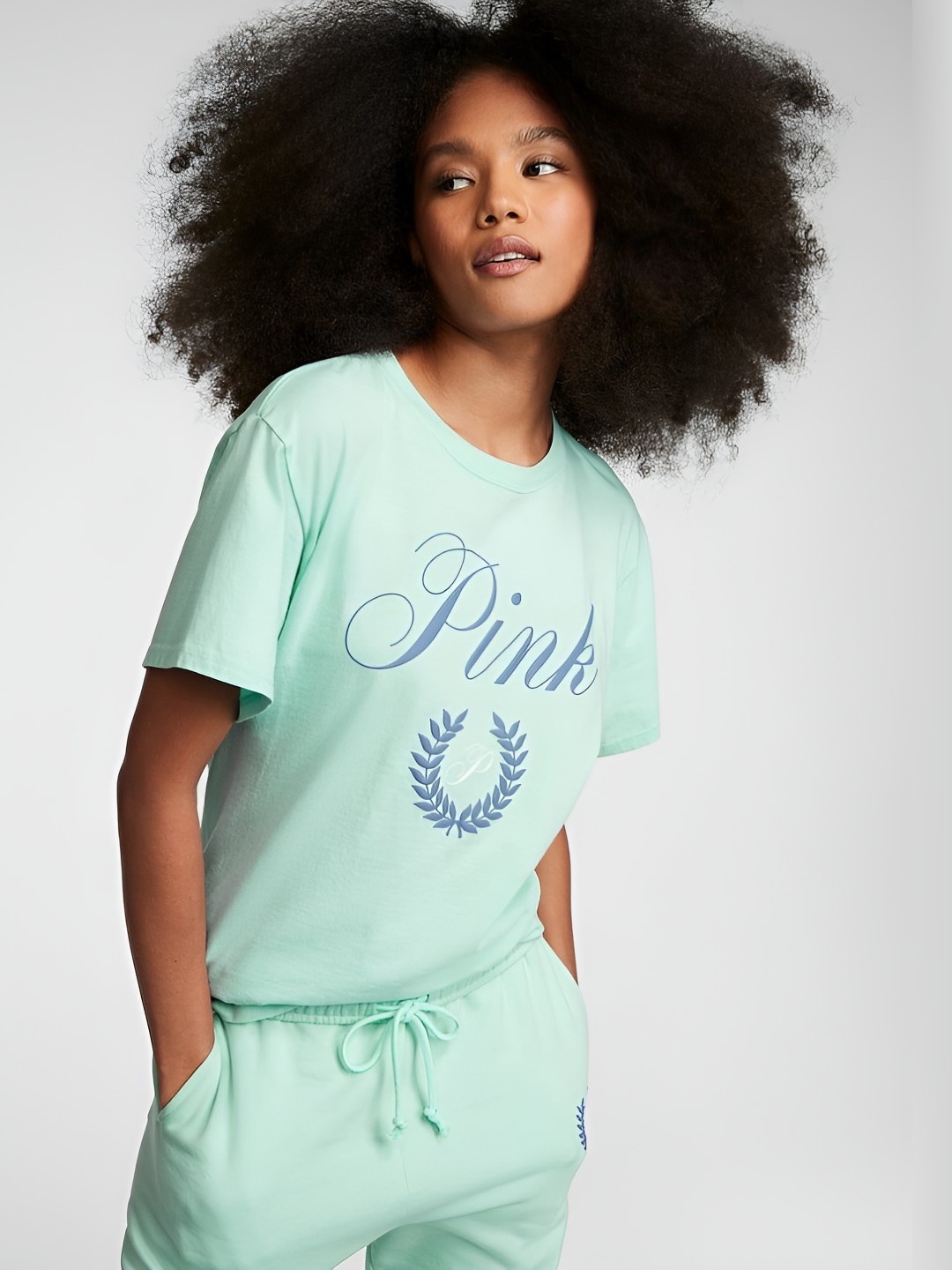 

Victoria's Secret Women Typography Printed Round Neck Cotton T-shirt, Blue