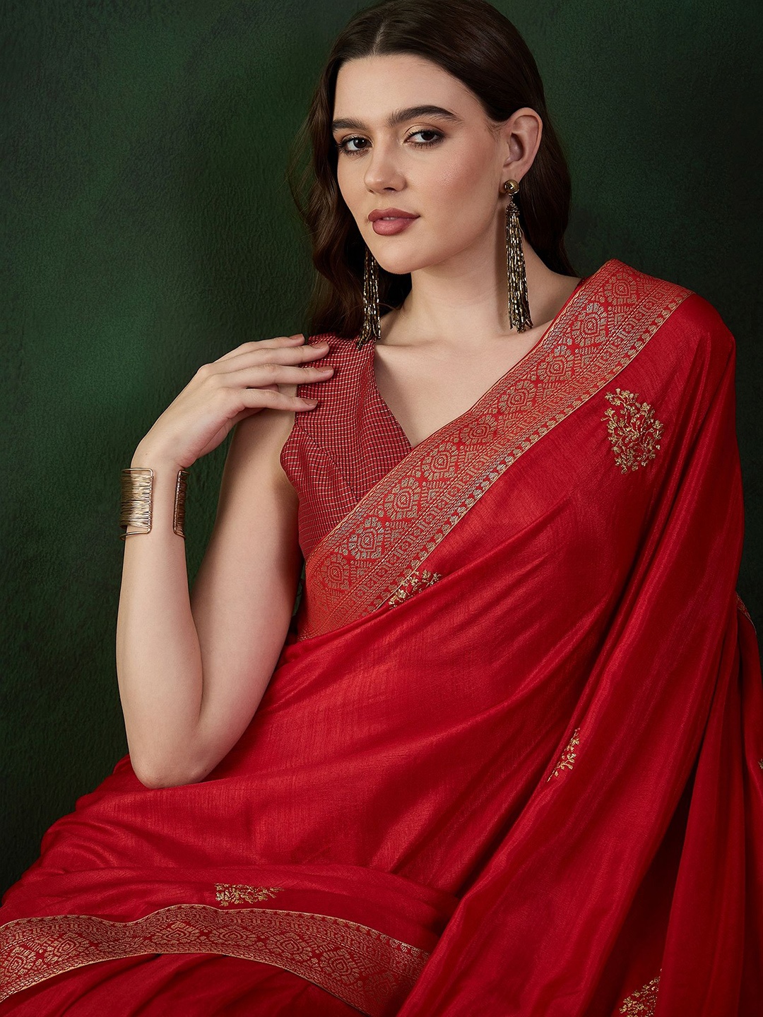 

Sangria Mysore Silk Ethnic Motifs Embroidered Saree With Blouse Piece, Red