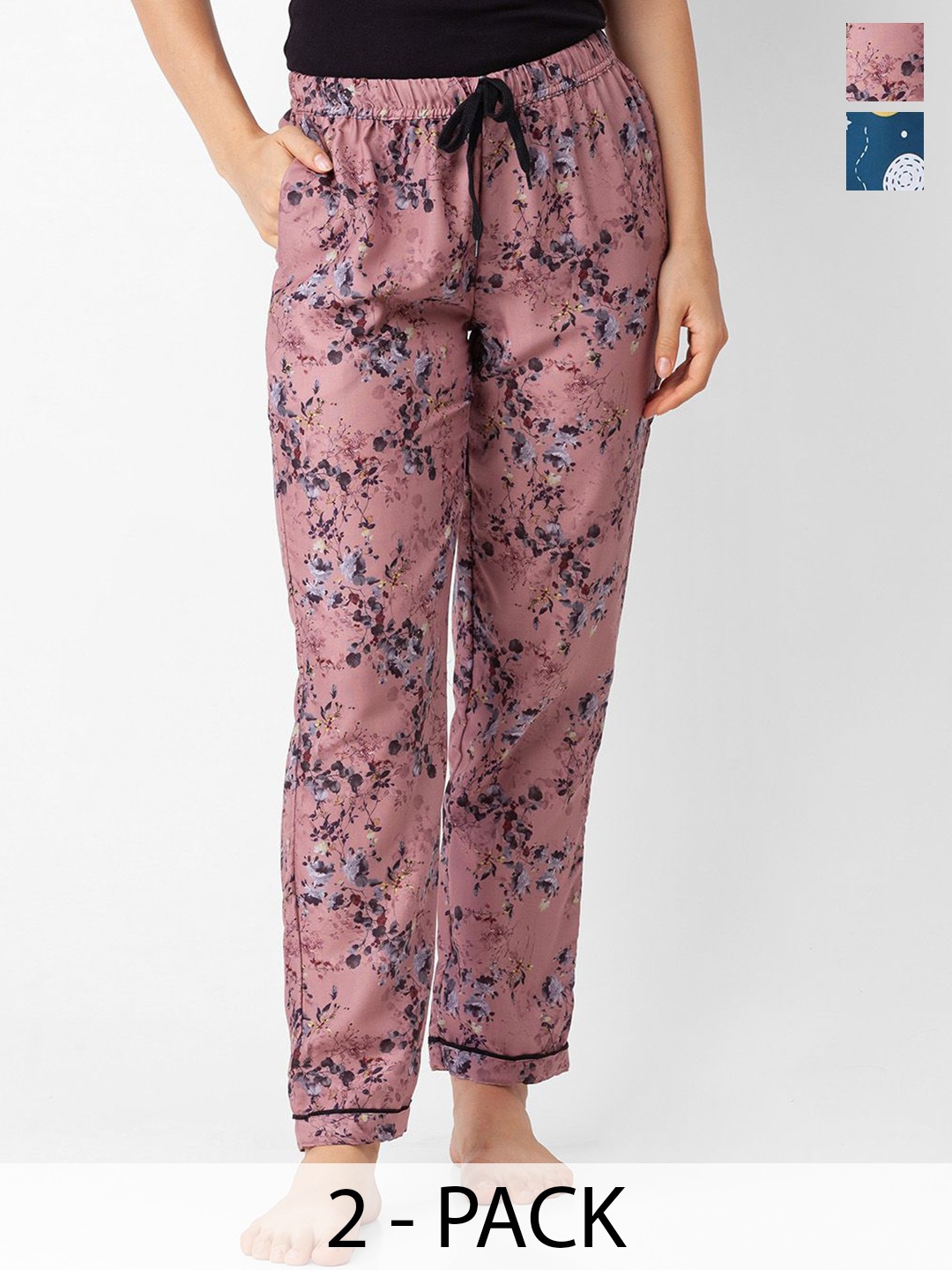 

FashionRack Women Pack Of 2 Printed Mid-Rise Lounge Pants, Blue