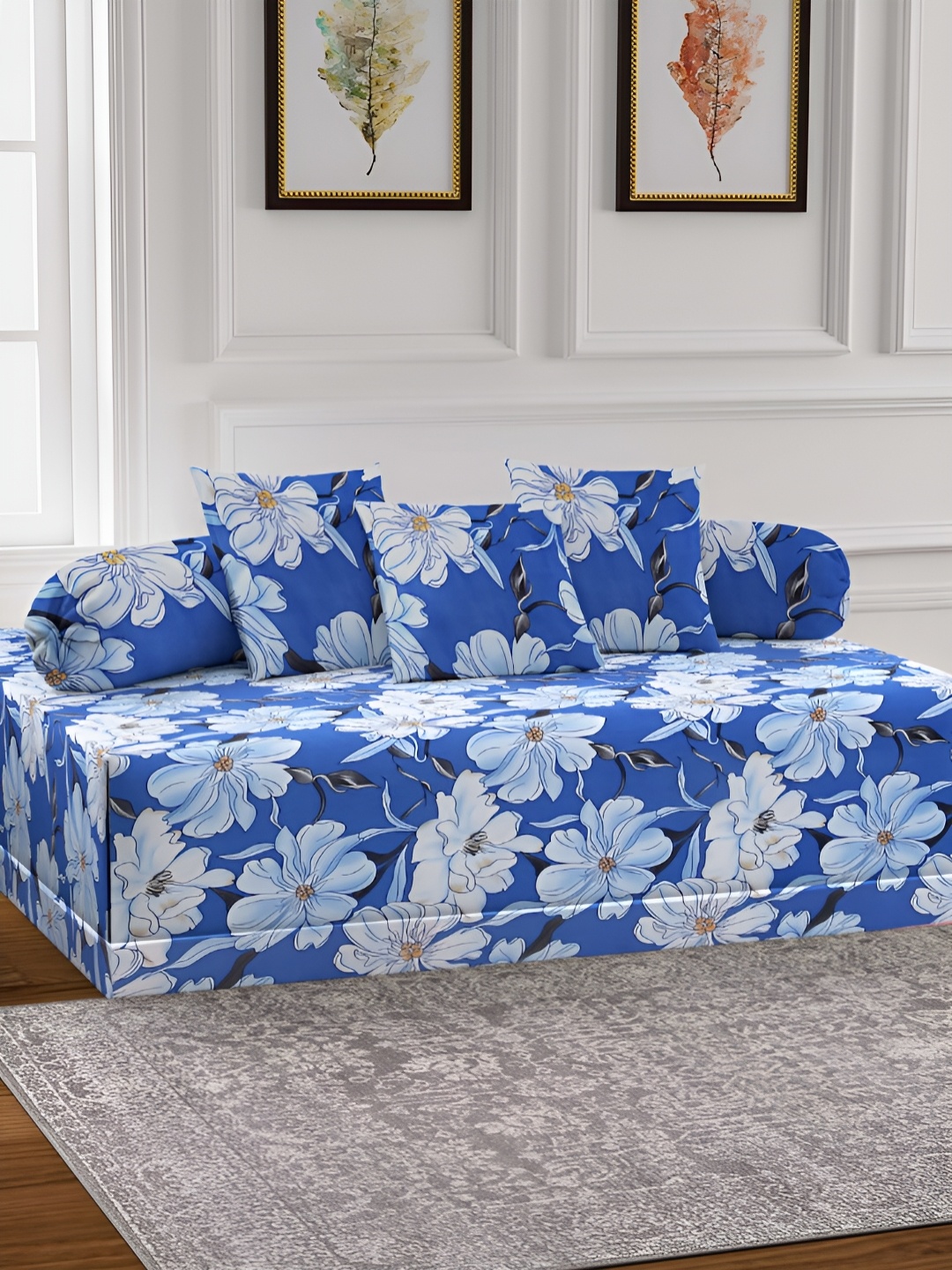 

Arrabi White & Blue 6 Pieces Floral Printed Diwan Set