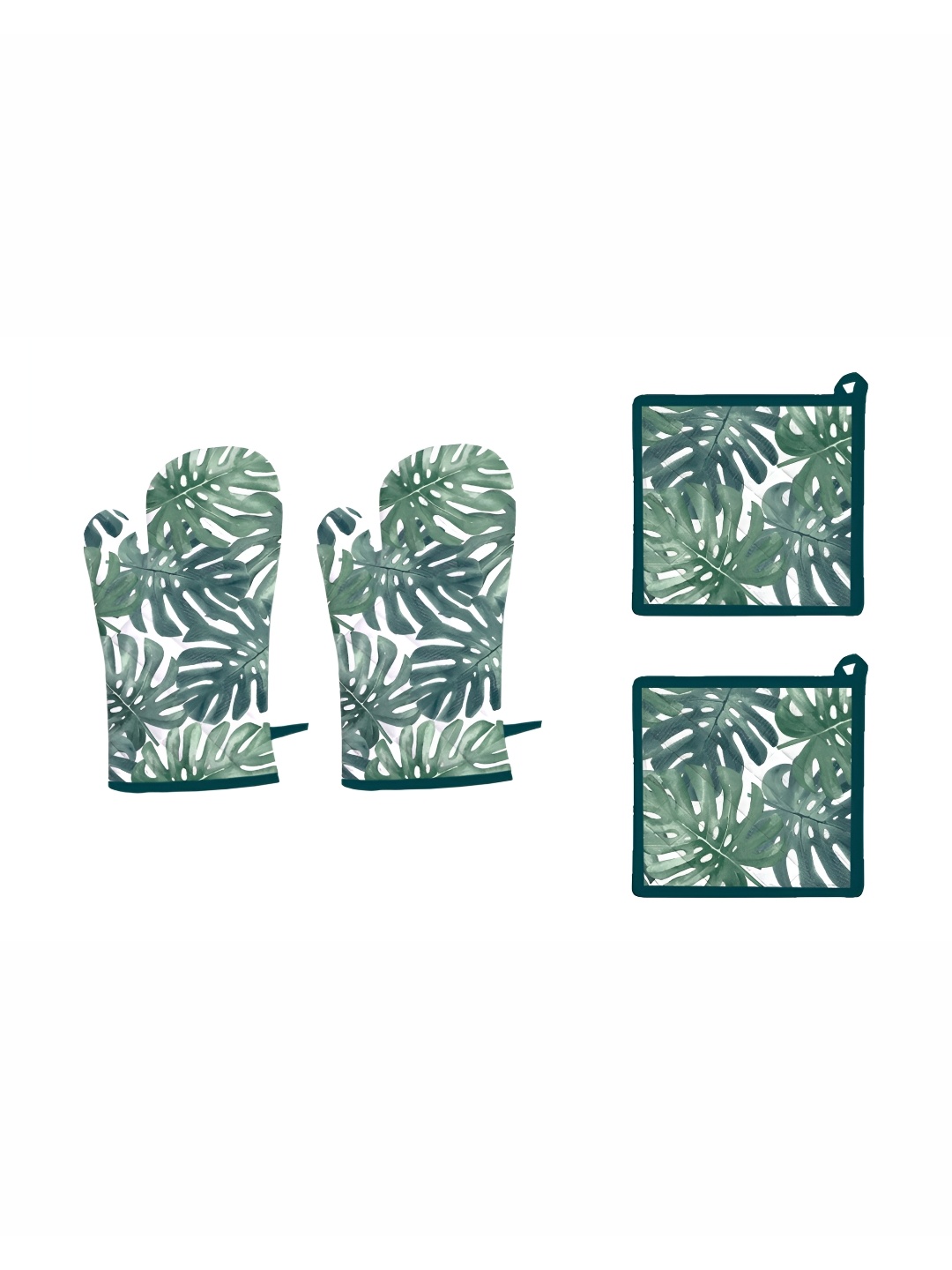 

Lushomes 4-Pcs White & Green Printed Cotton Oven Gloves & Mitten Gloves