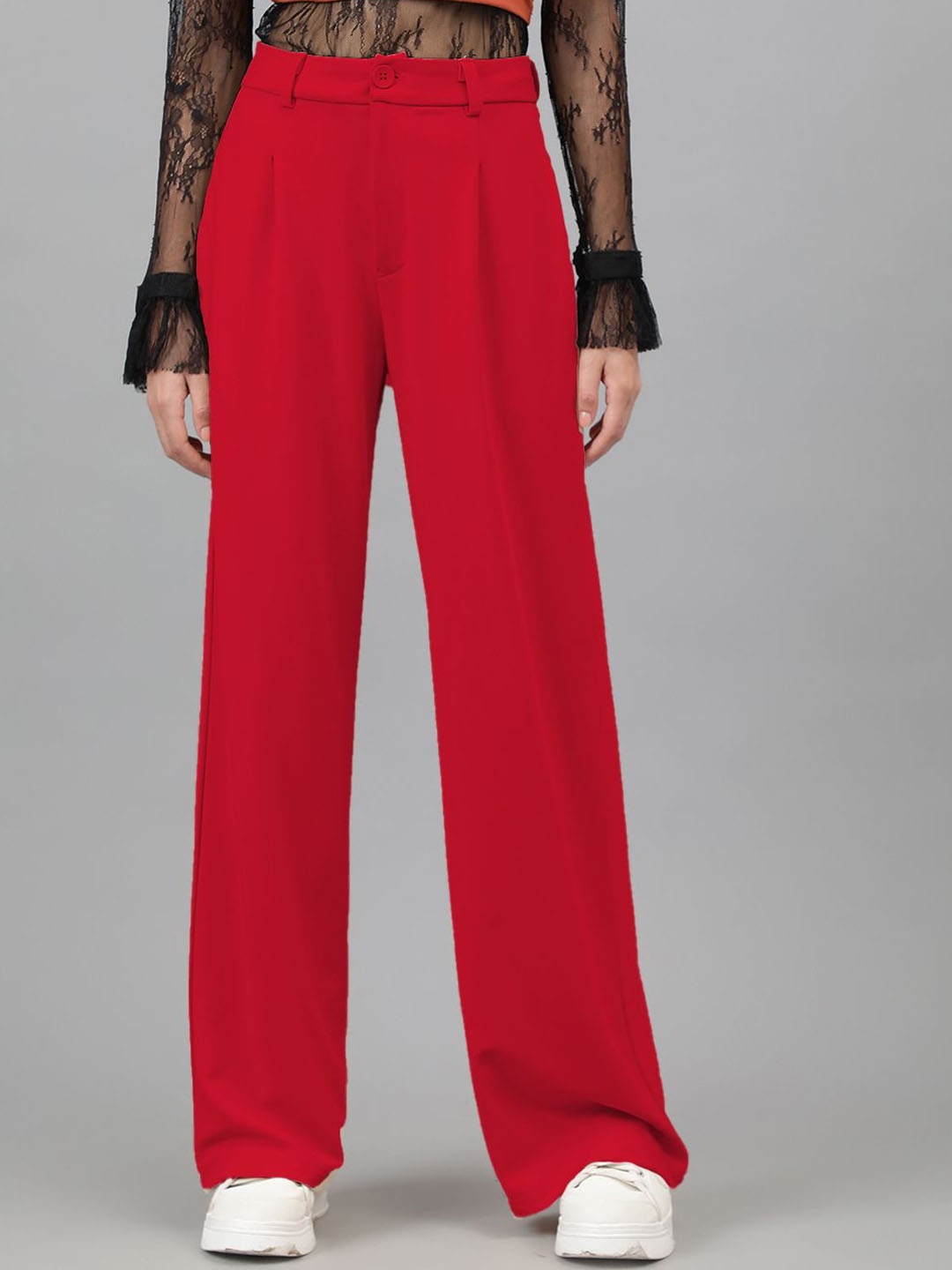 

Kotty Women Straight Fit High-Rise Pleated Regular Trousers, Red