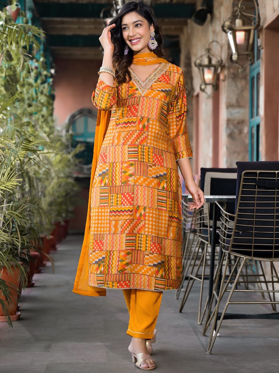 

KALINI V-Neck Geometric Printed Thread Work Straight Kurta with Trouser & Dupatta, Orange