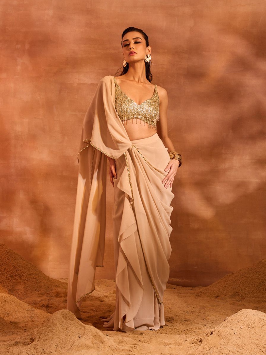 

DIVYA AGGARWAL Solid Concept Drape Saree with Embellished Blouse, Beige