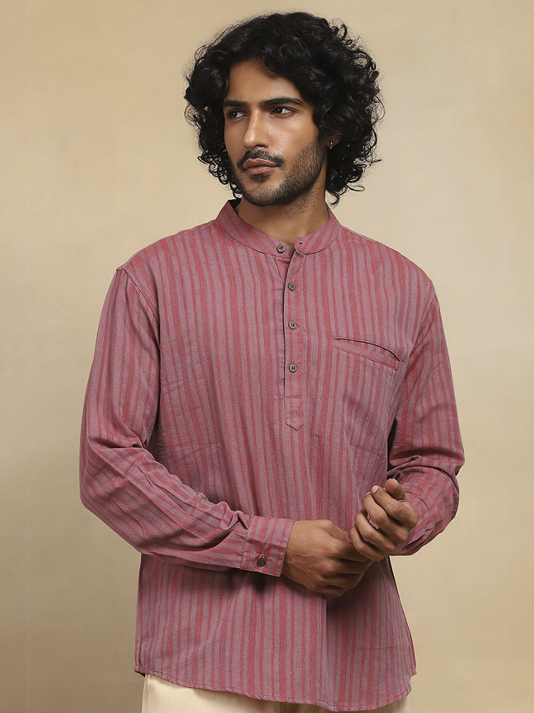 

House of Chikankari Men Thread Work Short Kurta, Red