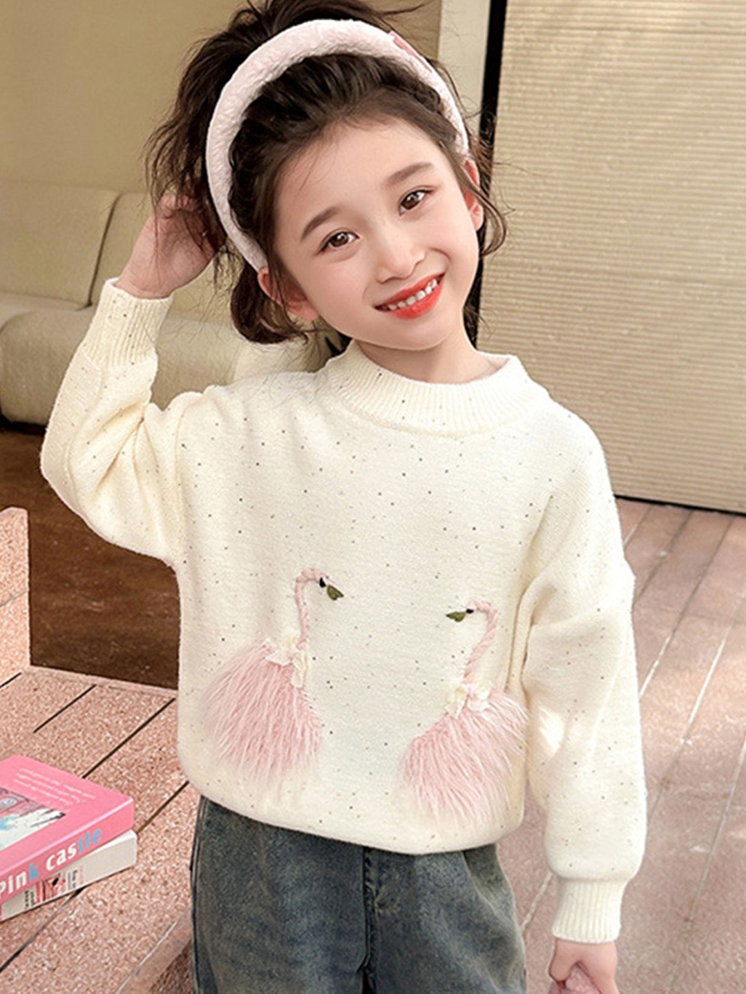 

LULU & SKY Girls Printed Round Neck Long Sleeves Pullover Sweater, Beige