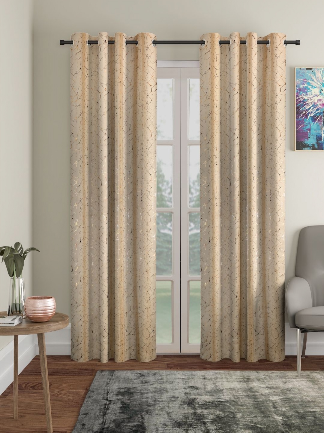 

SOKNACK Beige & Gold-Toned Set of 2 Abstract Printed Long Door Curtain