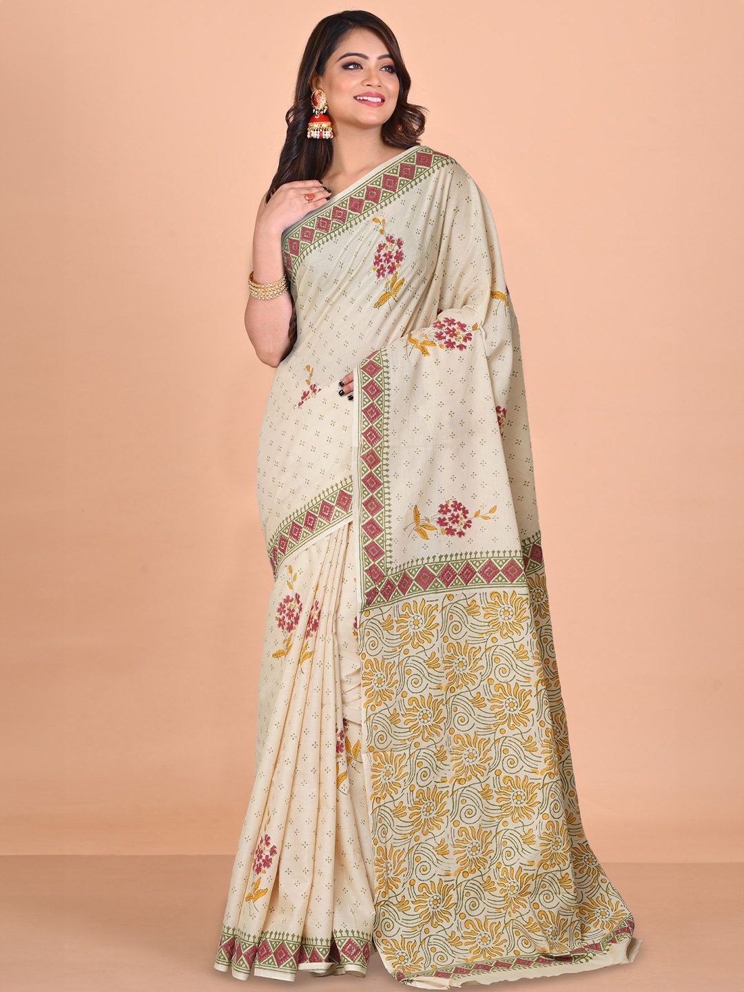 

Unnati Silks Pure Cotton Handloom Block Print Saree, Cream