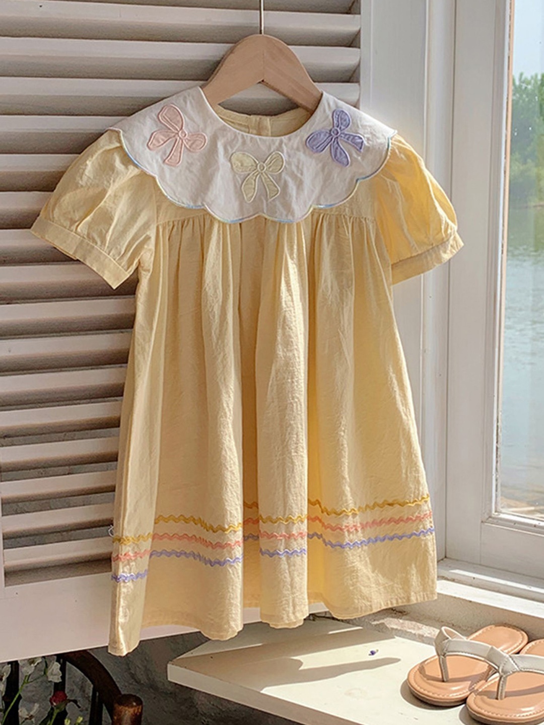 

LULU & SKY Girls Puff Sleeve Cotton A-Line Dress, Yellow