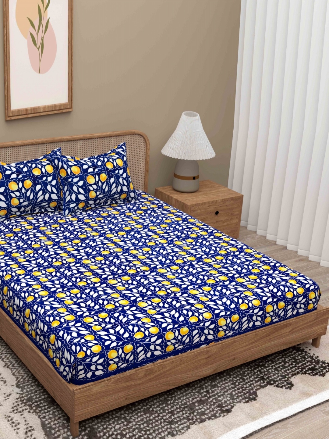 

Lali Prints Blue & Yellow Floral 180 TC Queen Bedsheet with 2 Pillow Covers